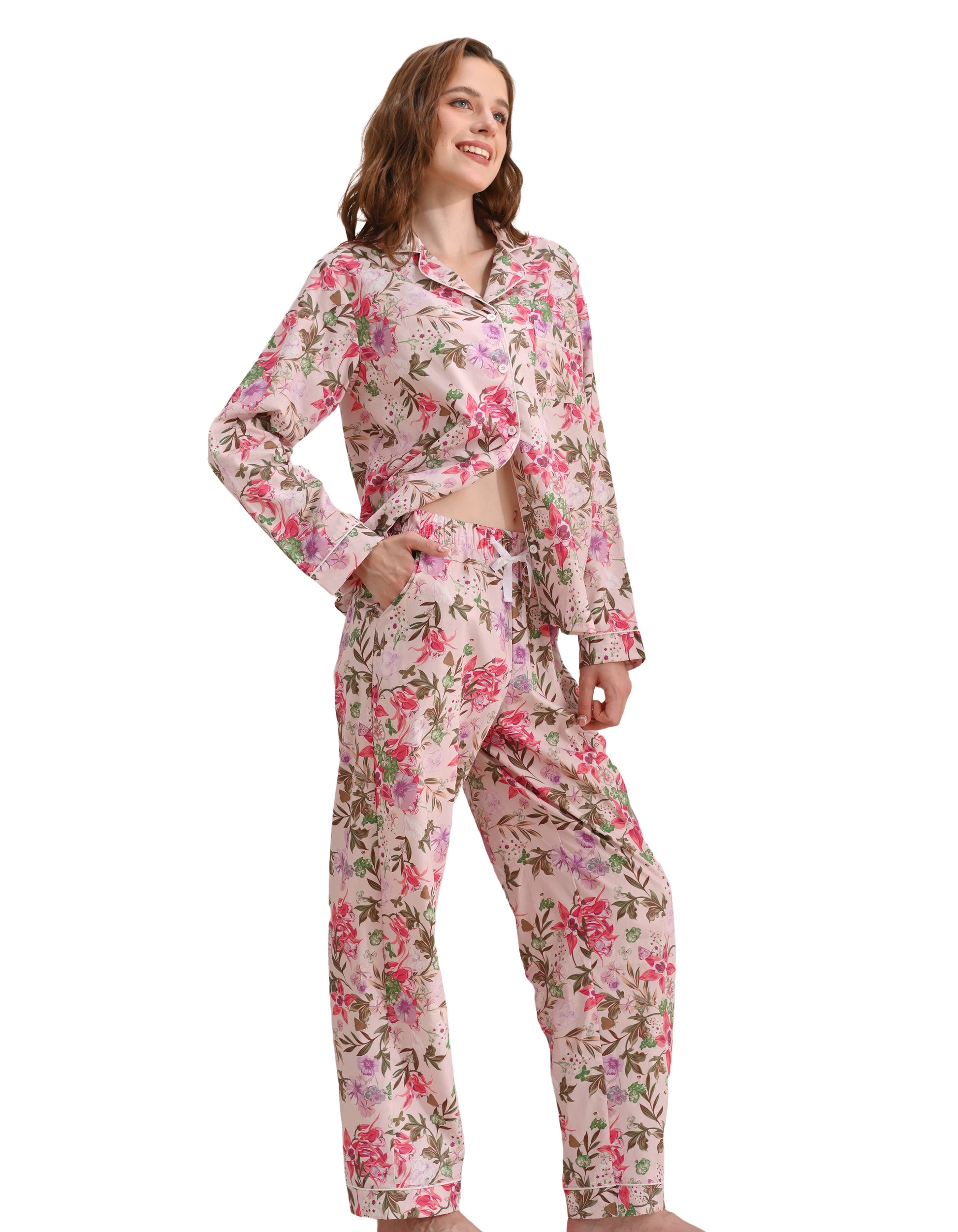Iris floral print women’s woven cotton pajama set front view on white background
