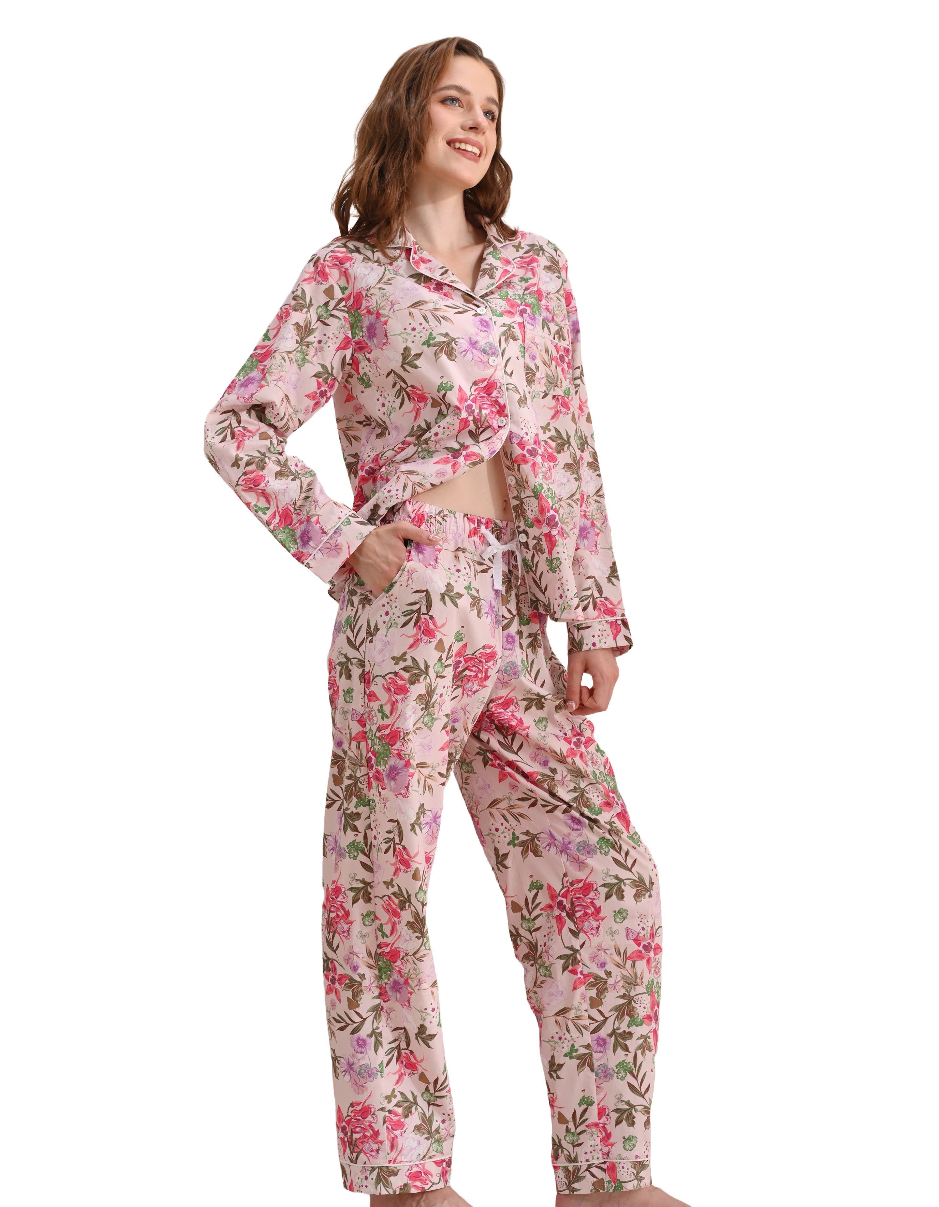 Iris floral print women’s woven cotton pajama set front view on white background