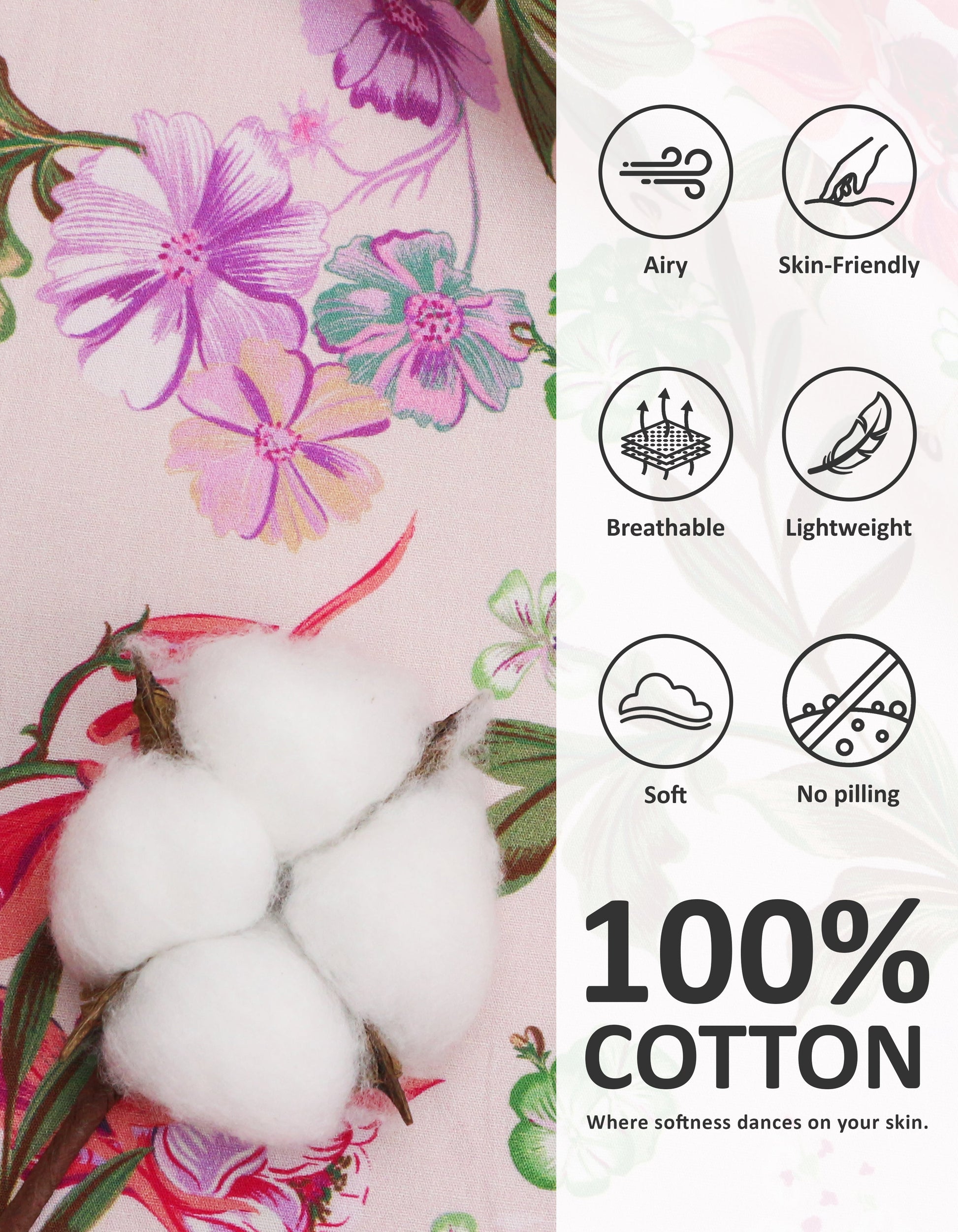 Close-up of iris floral print woven cotton pajama fabric showing breathability and softness