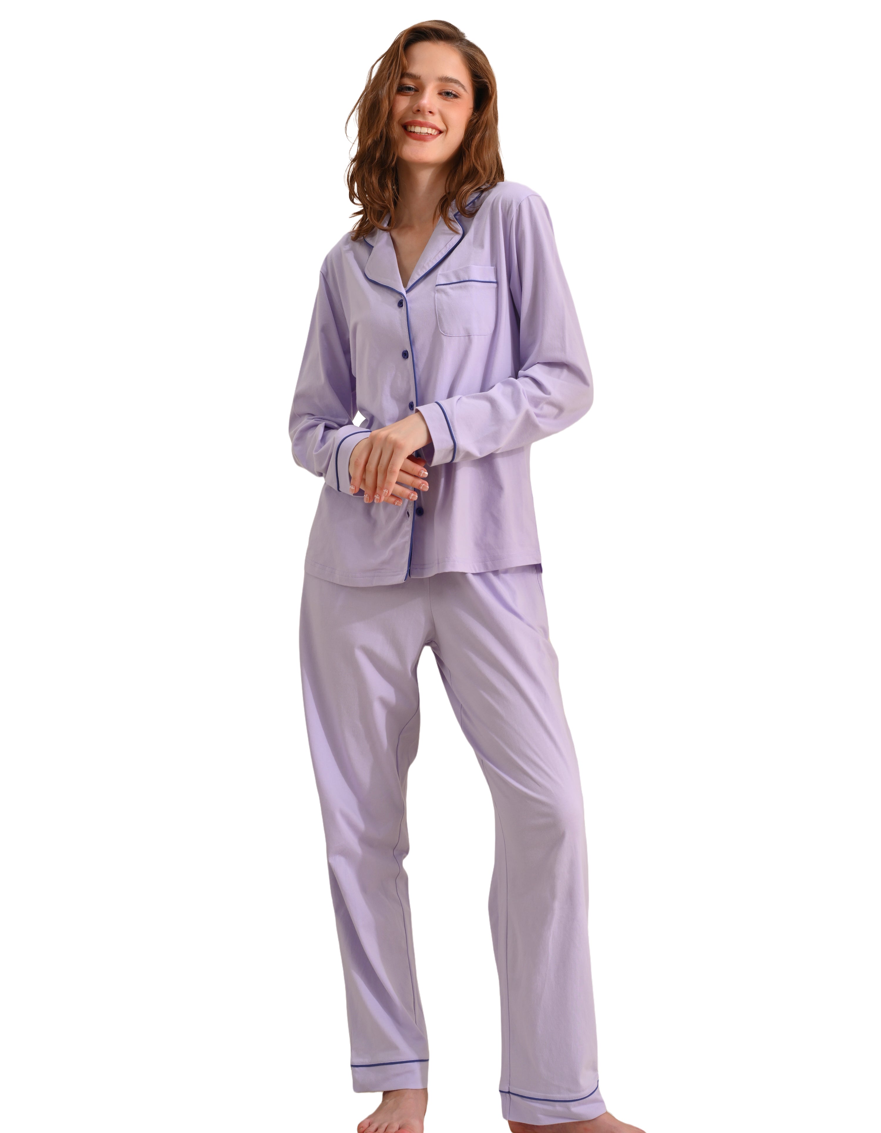 Lavender blue solid women’s knit cotton pajama set front view on white background