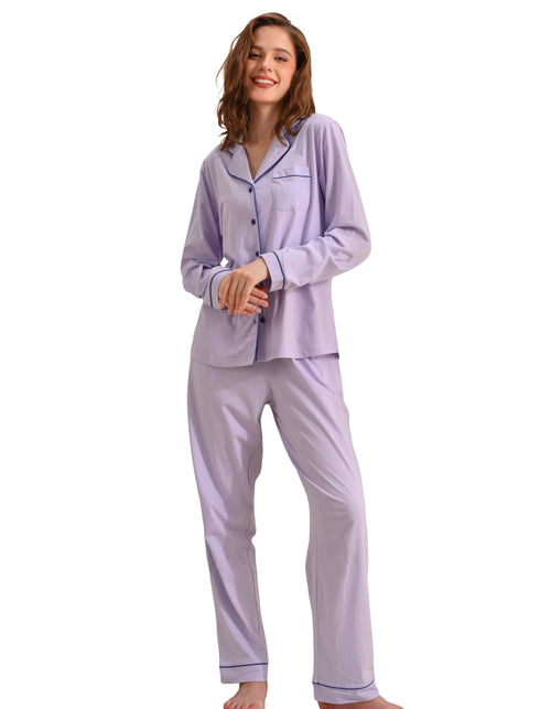 Lavender blue solid women’s knit cotton pajama set front view on white background