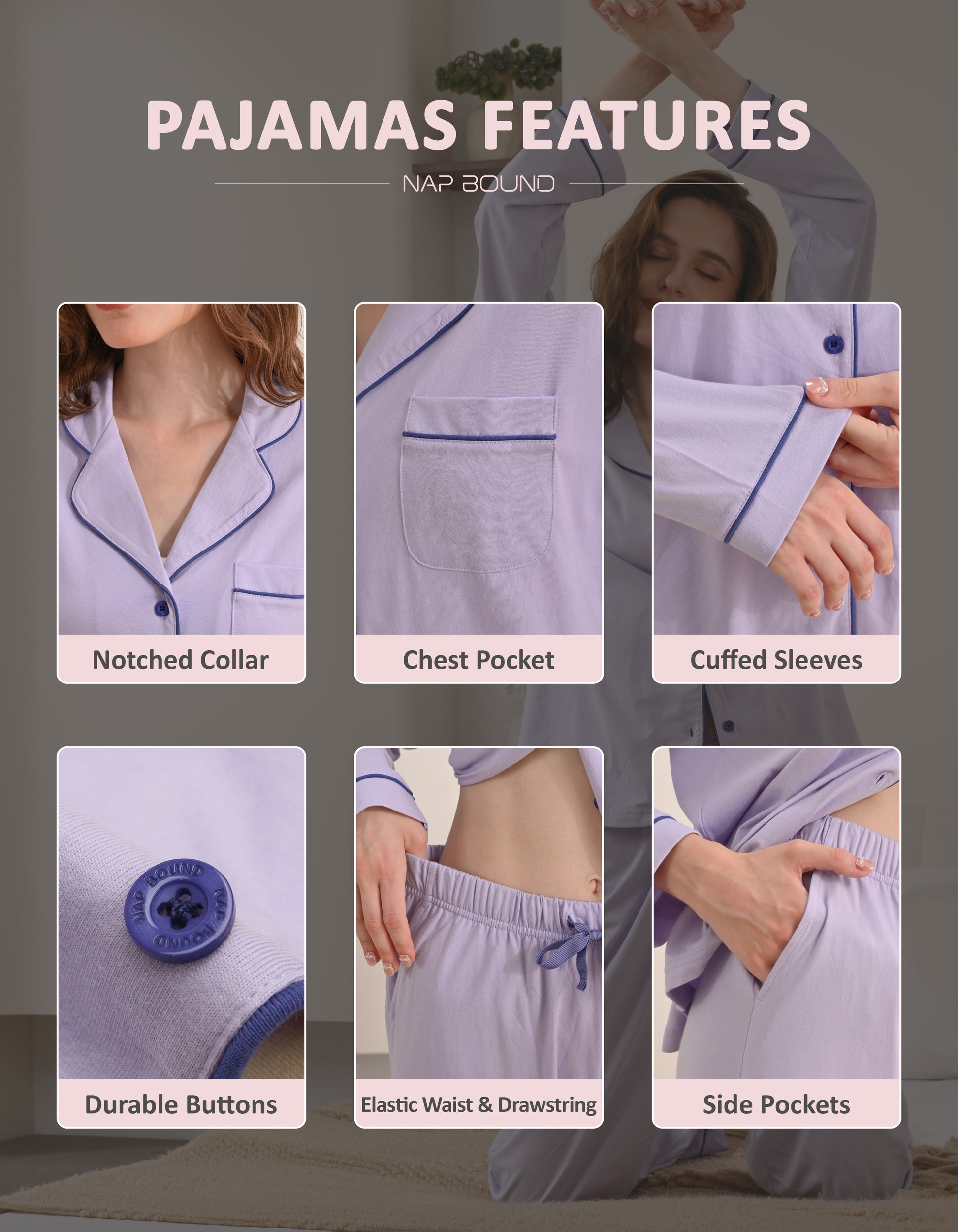 Design details of lavender blue pajamas including notched collar, chest pocket, cuffed sleeves, and drawstring waist
