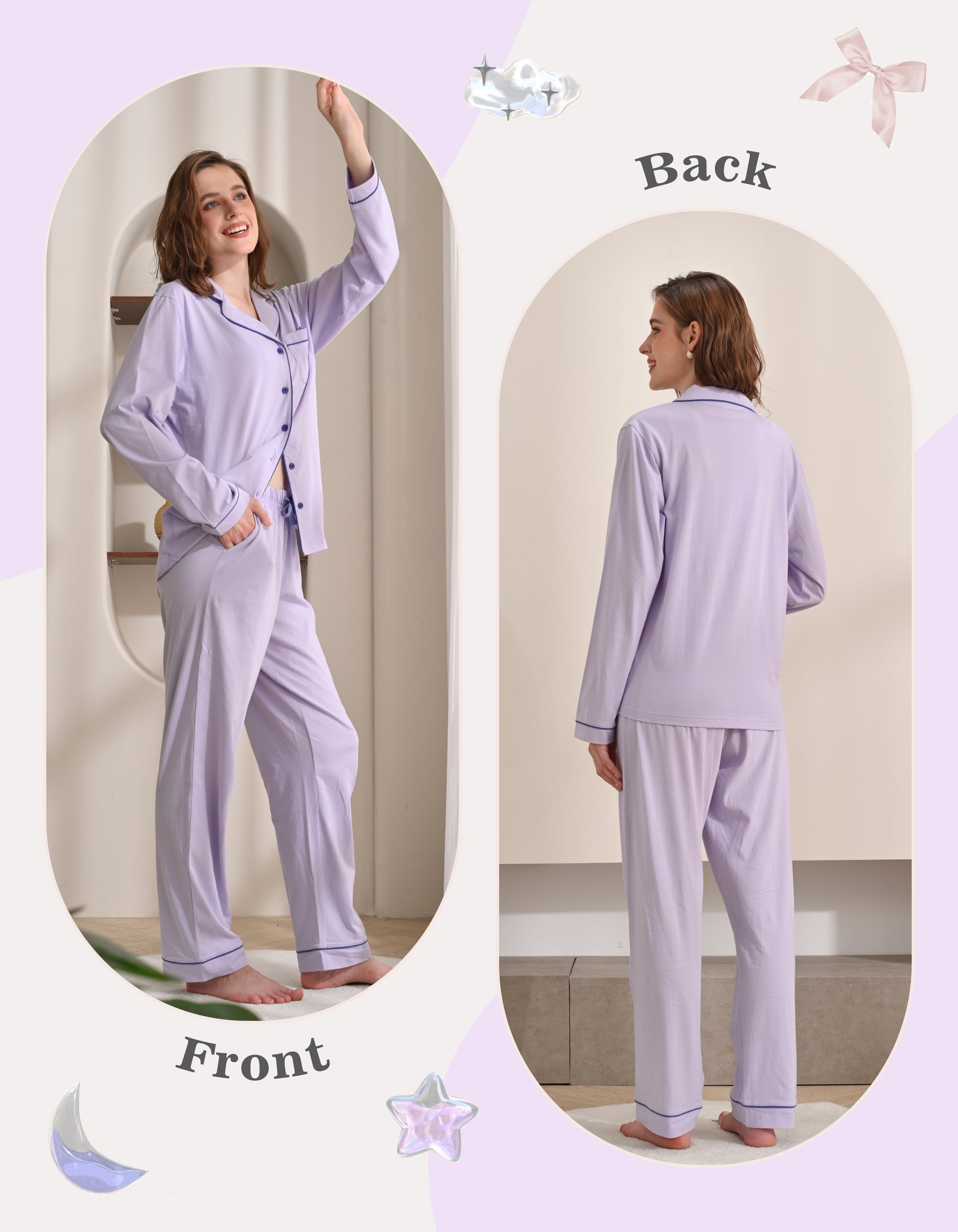 Front and back view comparison of lavender blue women’s knit cotton pajama set