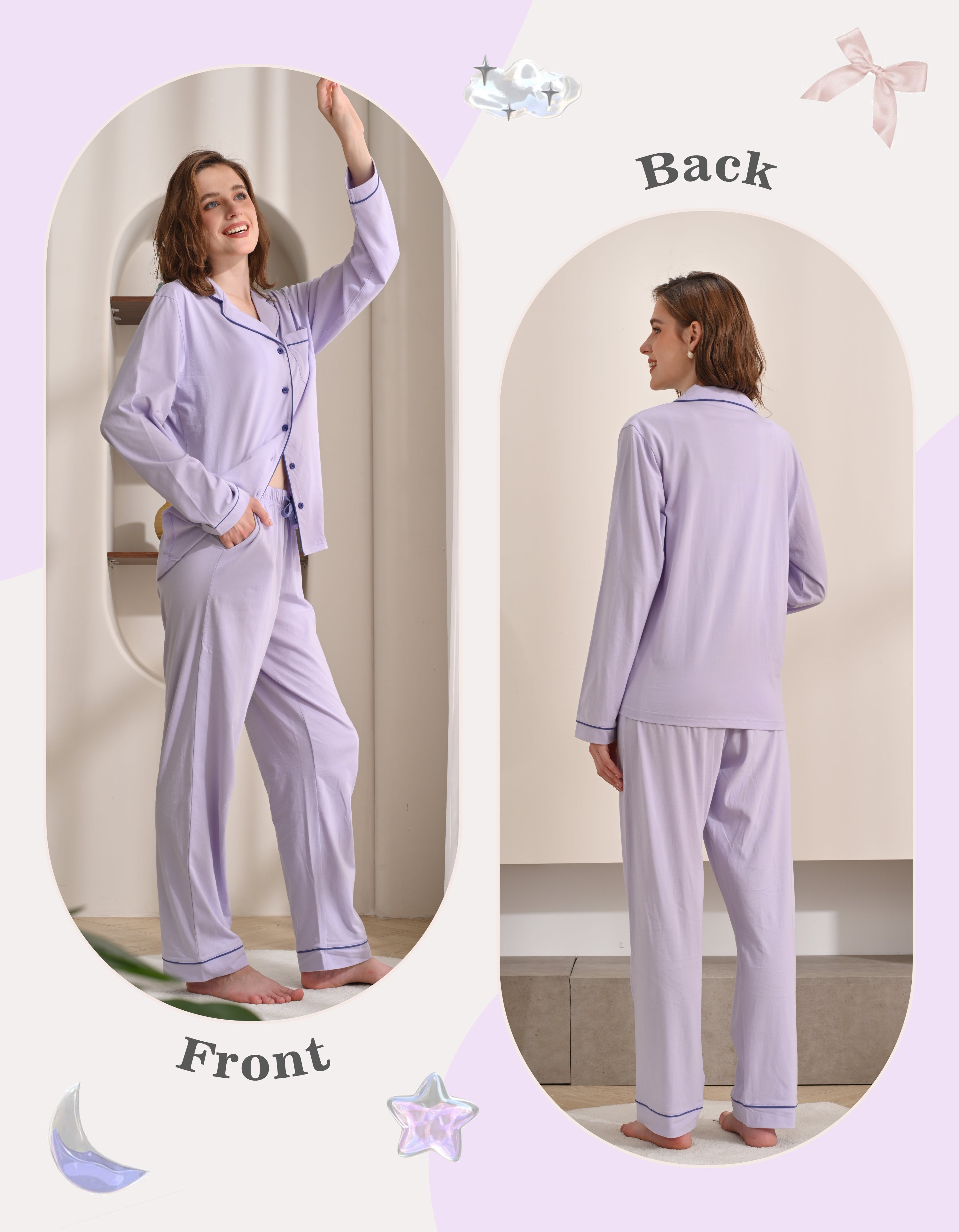Front and back view comparison of lavender blue women’s knit cotton pajama set