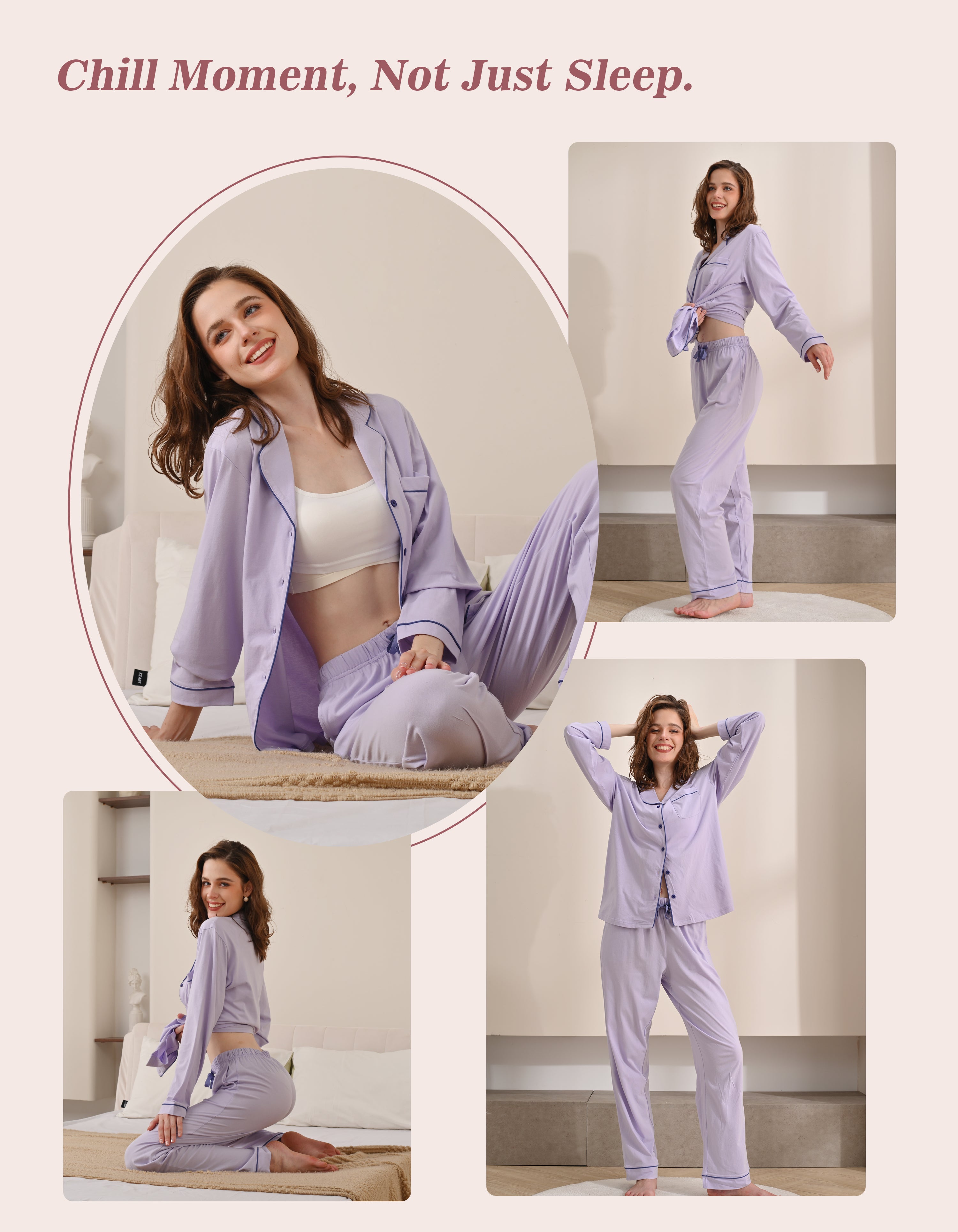 Model wearing lavender blue knit cotton pajamas in cozy home and relaxing scenes