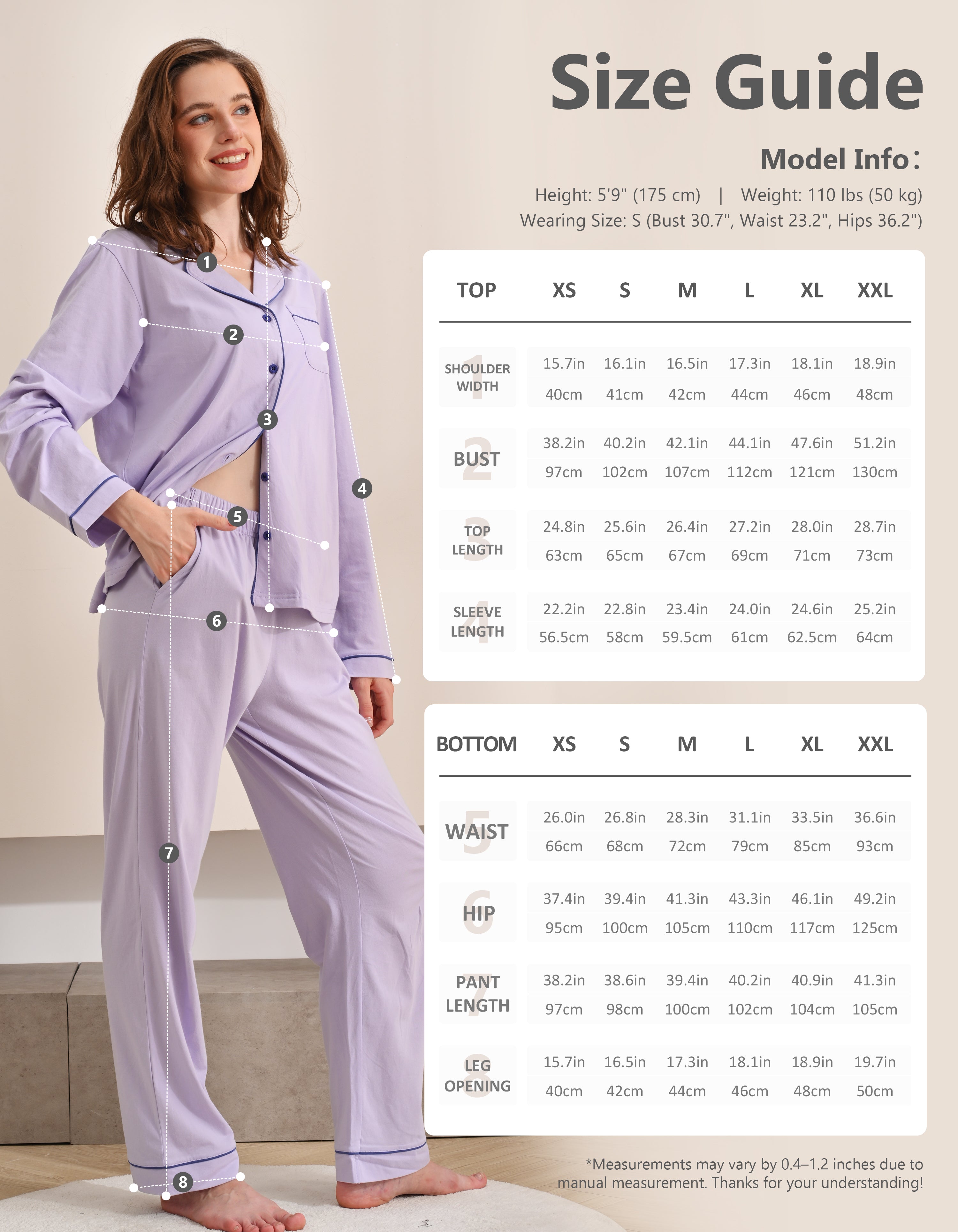 Size chart for women’s lavender blue knit cotton pajama set top and pants
