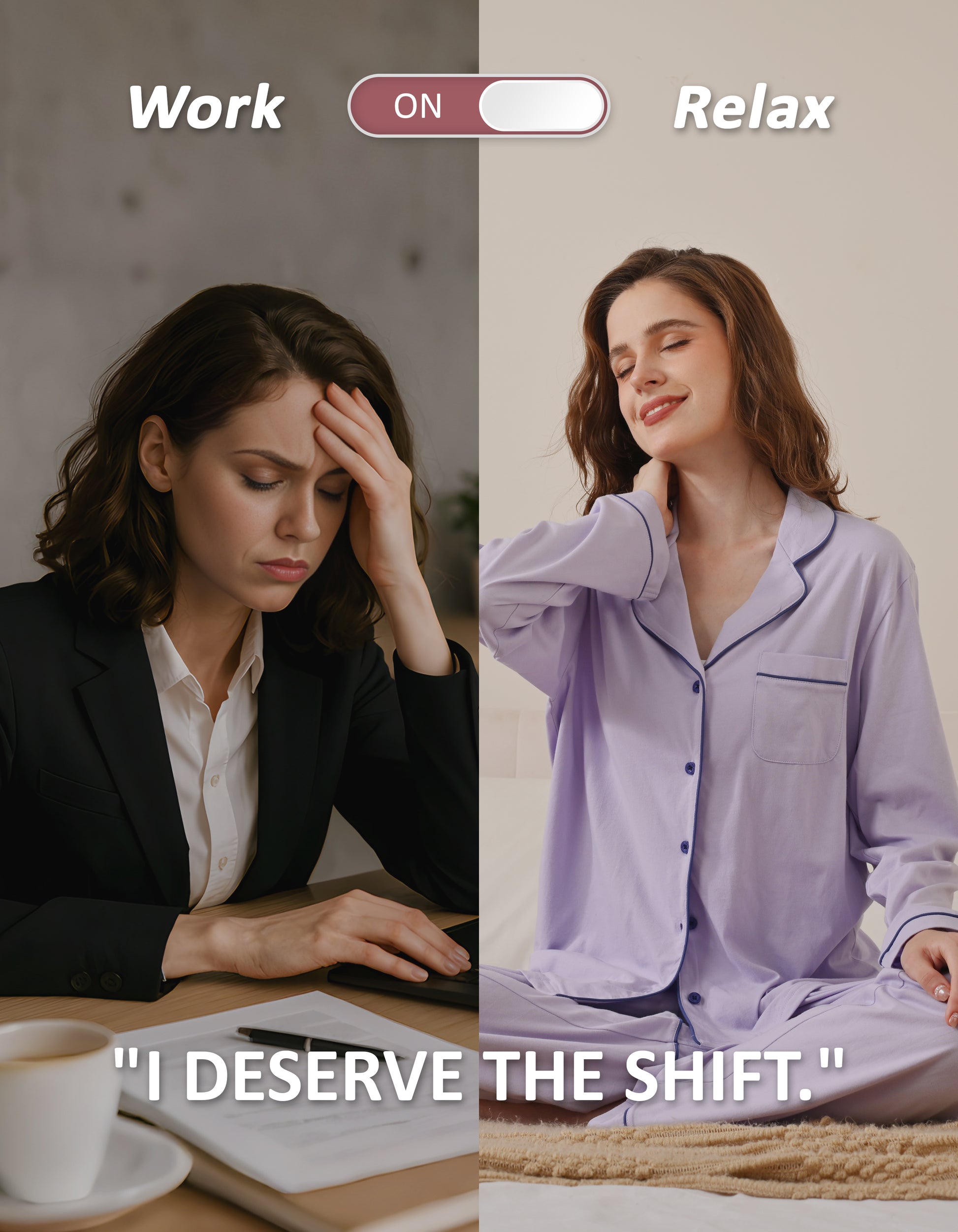 Work to relax lifestyle comparison showing women wearing lavender blue knit cotton pajamas