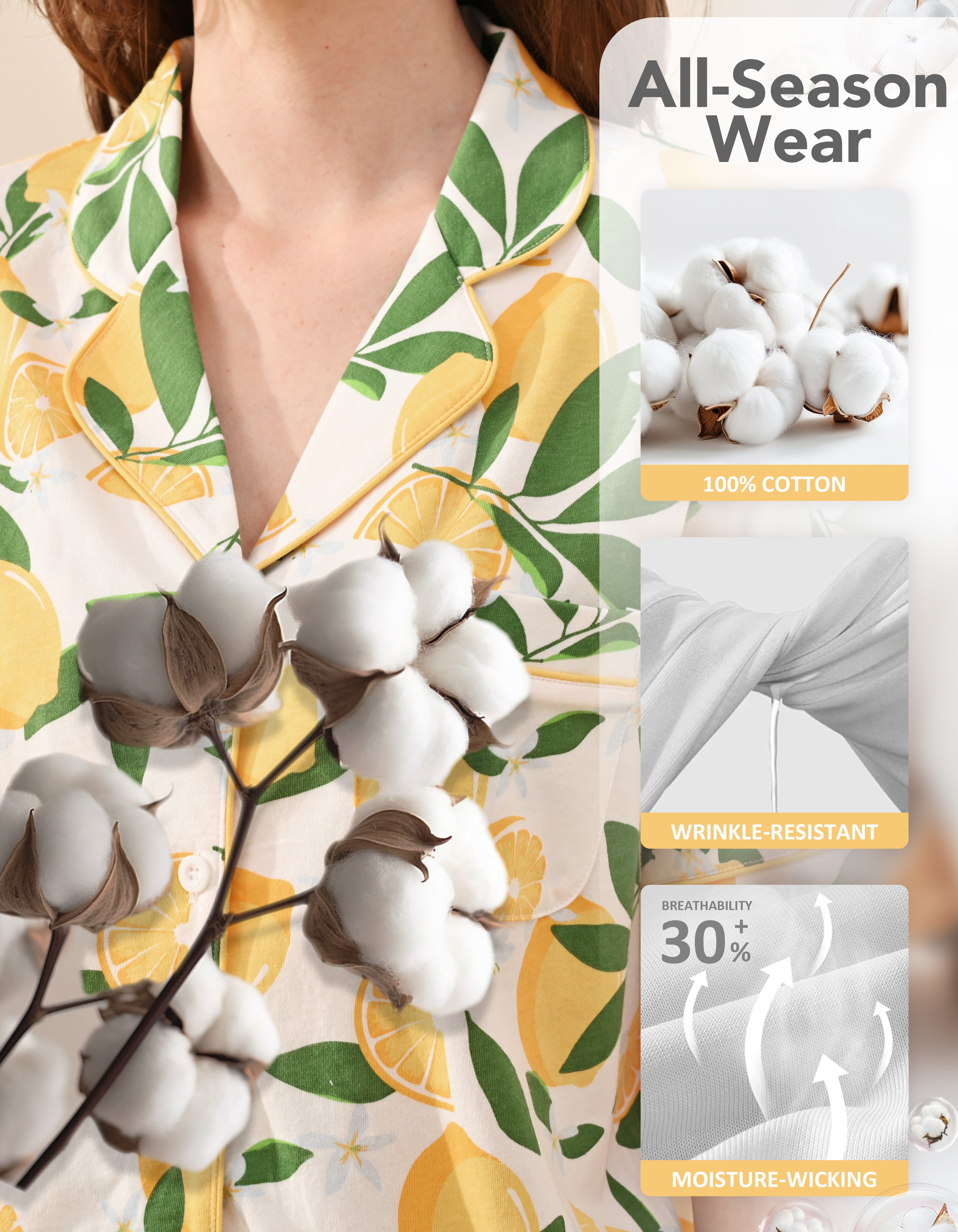 Breathable 100% cotton fabric lemon print pajama set for women