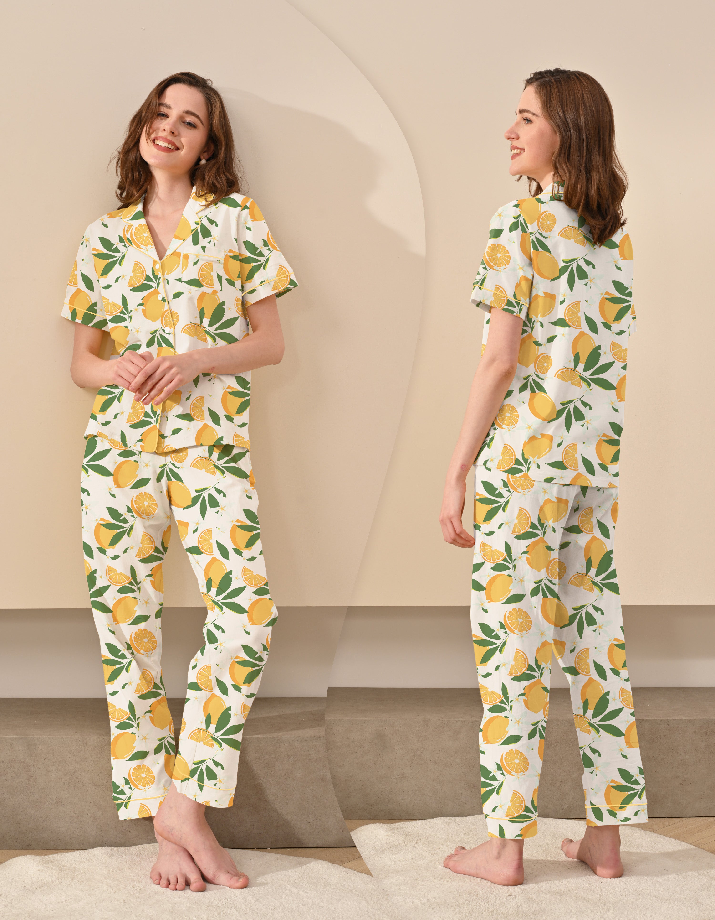 Front and back view of women’s lemon print cotton pajama set