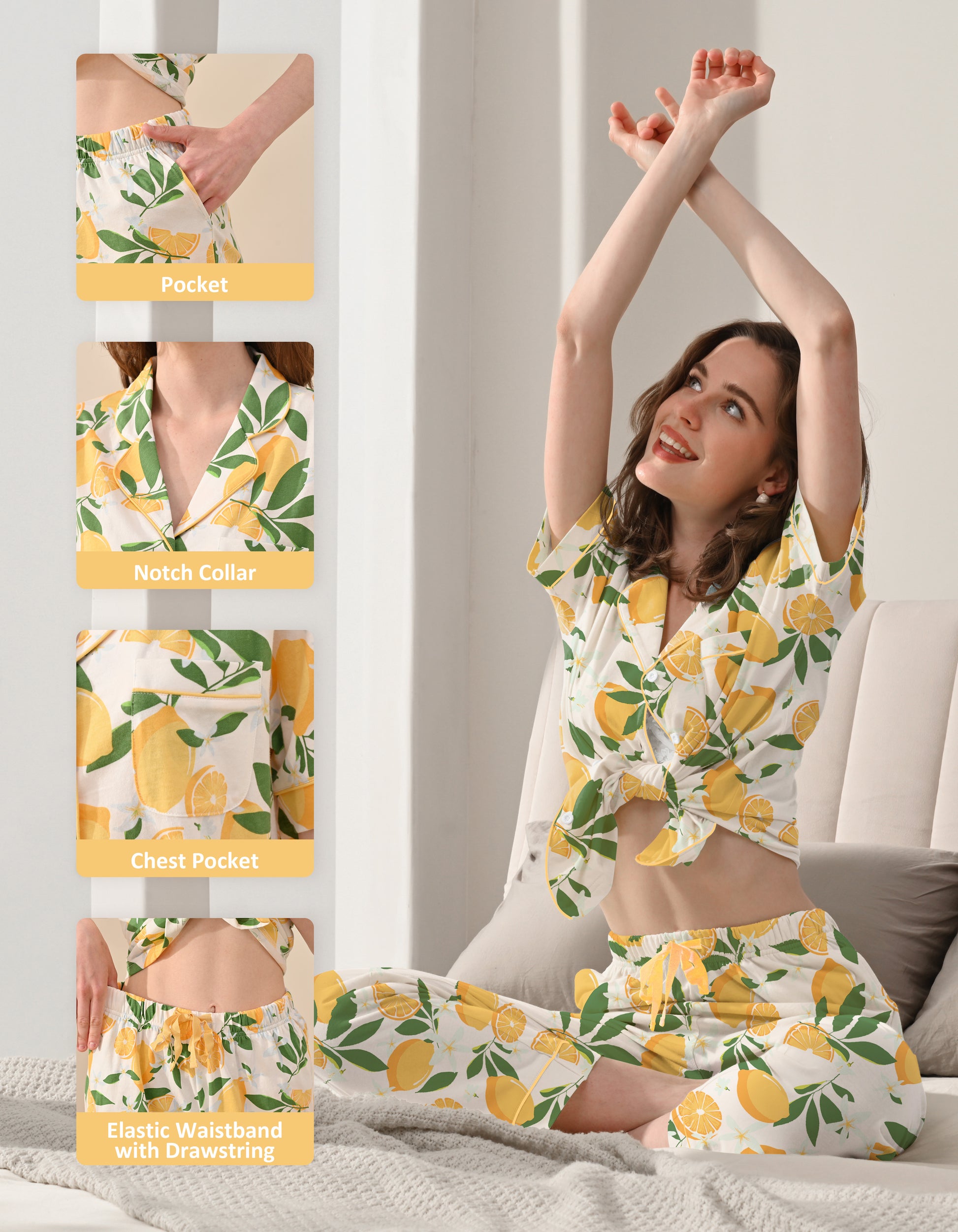 Lemon print pajama top with notch collar and chest pocket detail