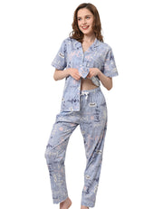Letter print women’s cotton pajama set front view on white background