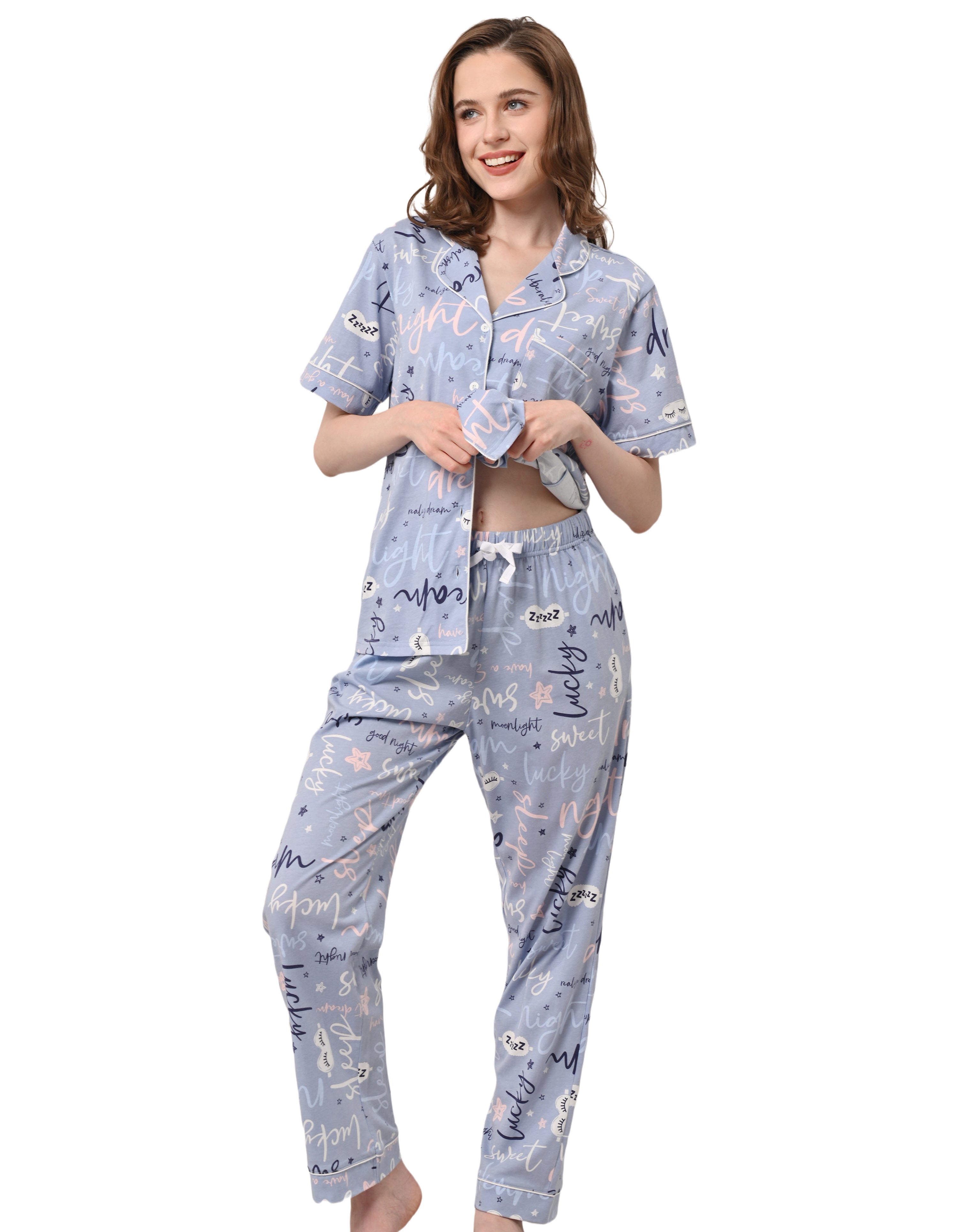 Letter print women’s cotton pajama set front view on white background