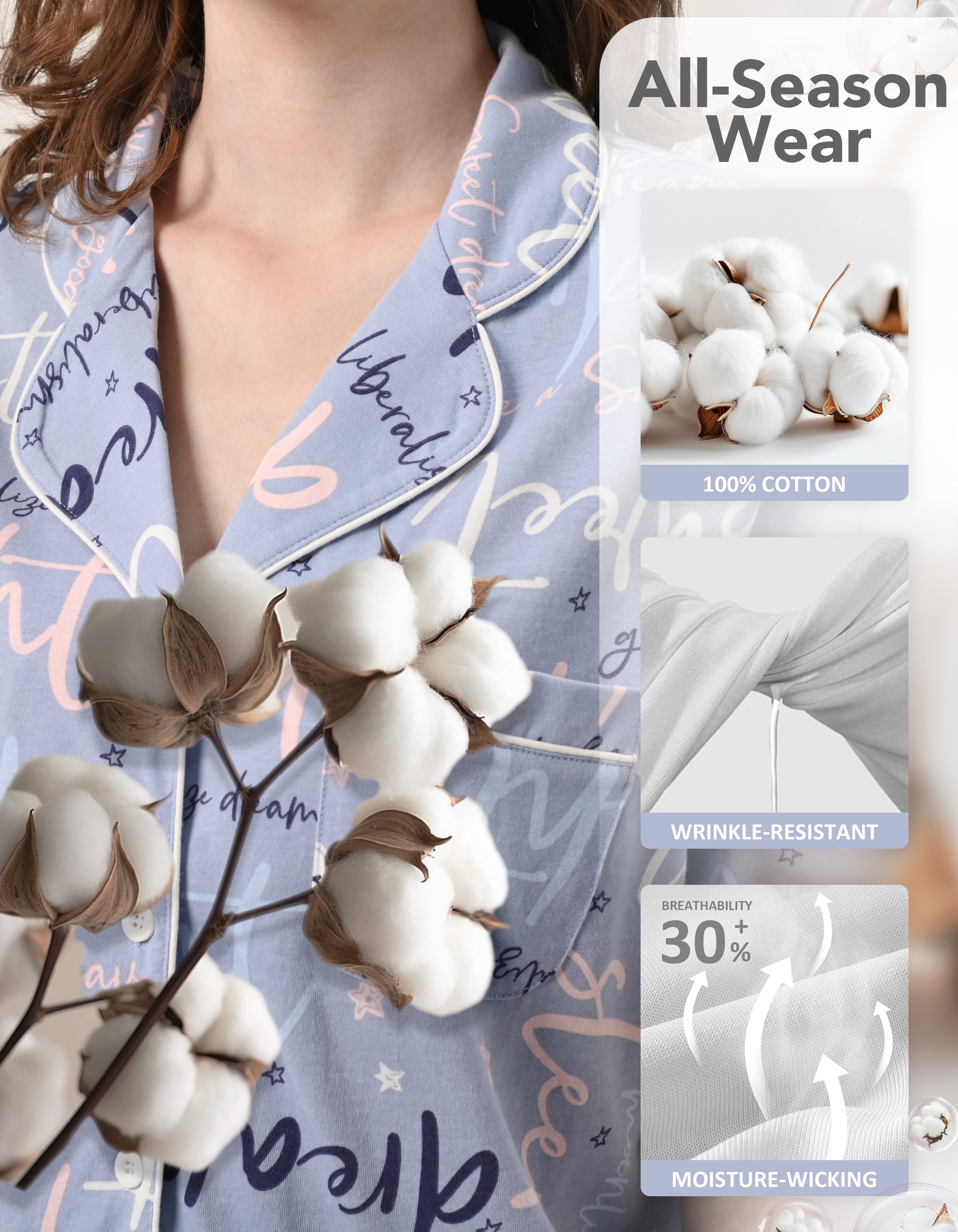 Close-up of letter print cotton pajama fabric showing breathability and softness