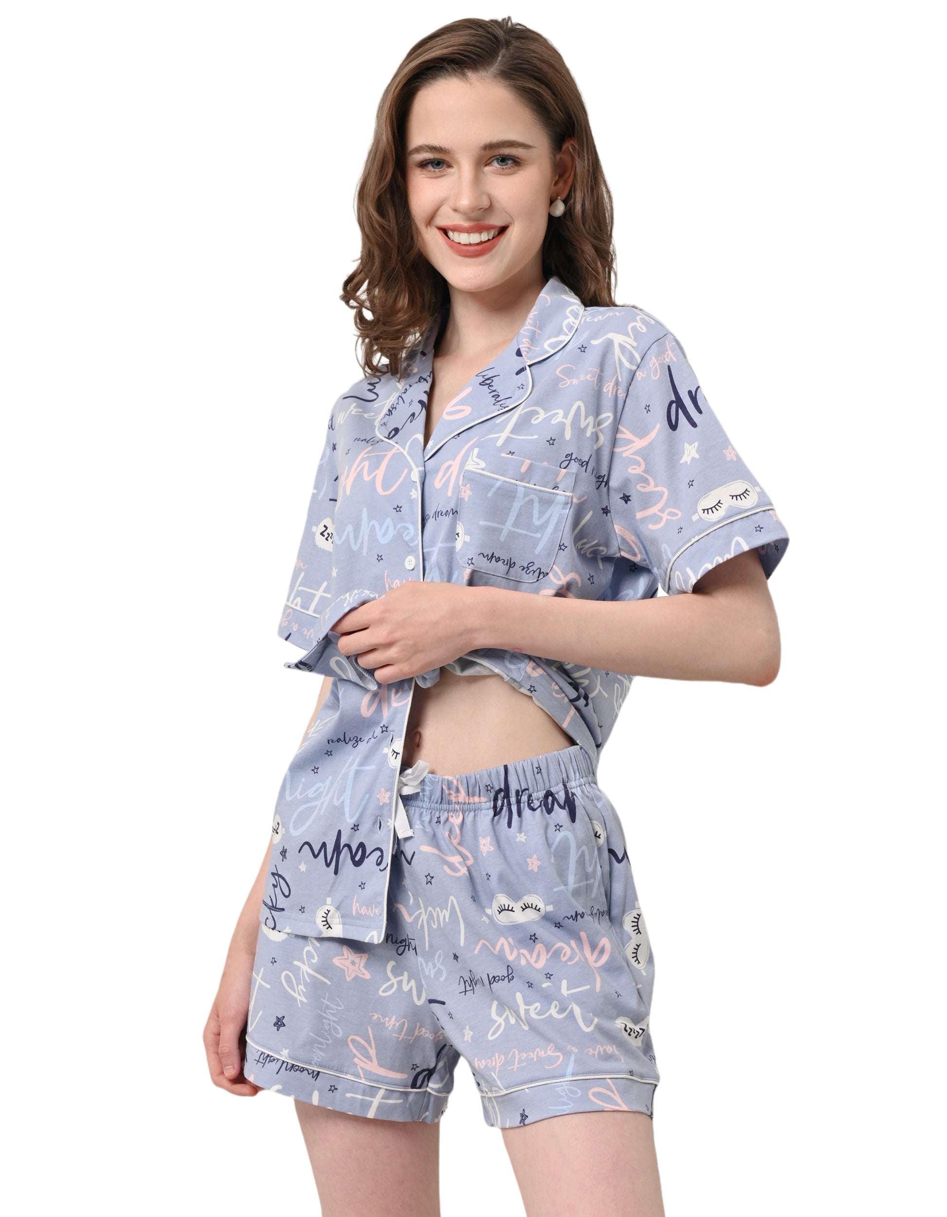 Letter print women’s knit cotton pajama set front view on white background
