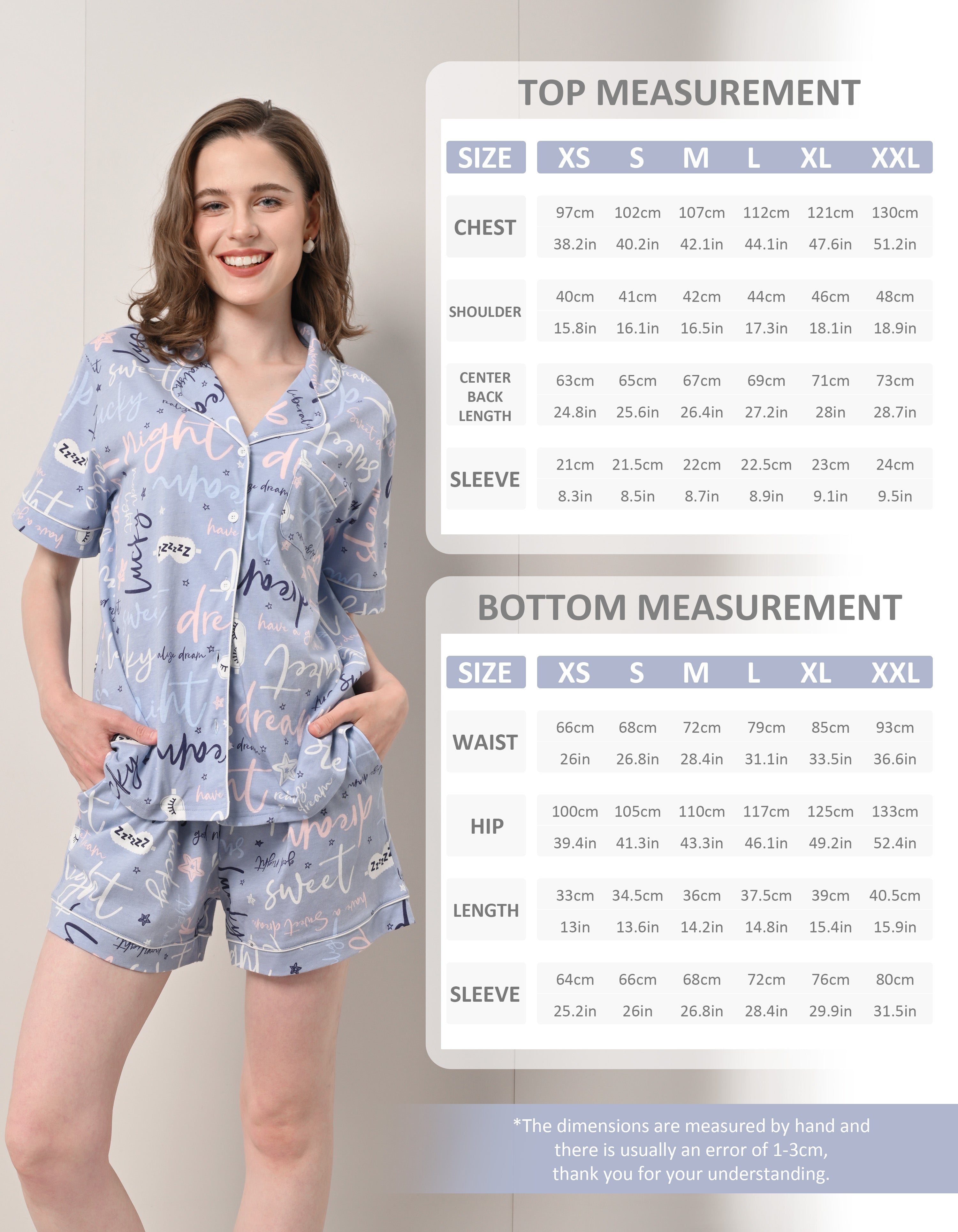 Size chart for women’s knit cotton pajama set with short sleeve top and shorts