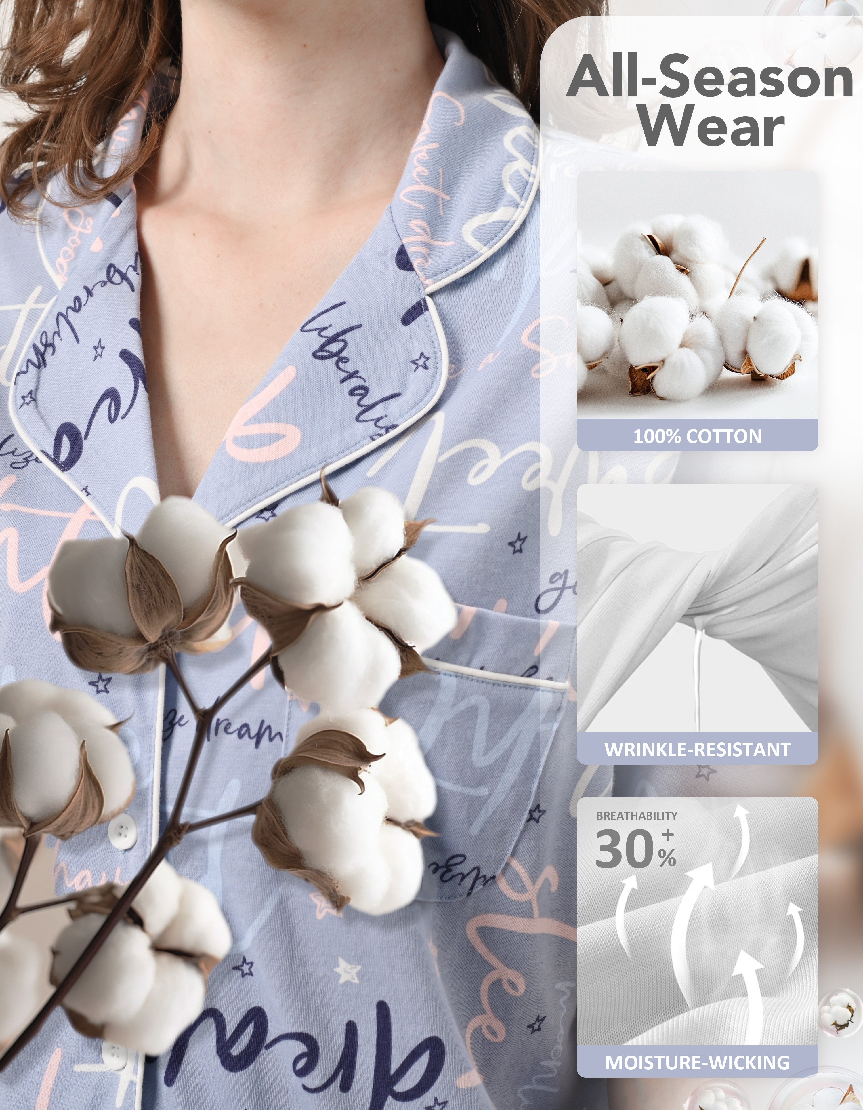 Close-up of letter print knit cotton pajama fabric showing breathability and softness