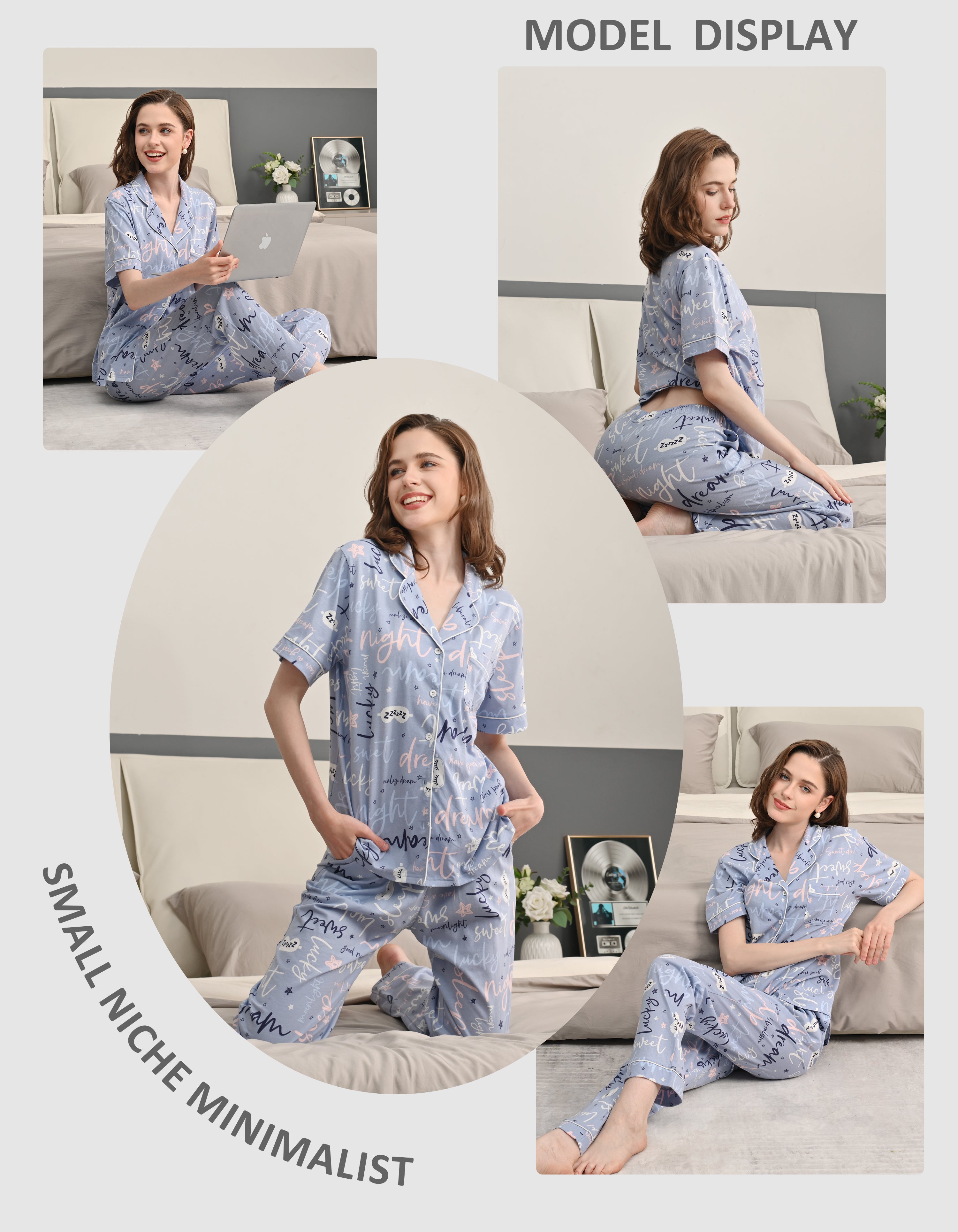 Model wearing letter print cotton pajamas in cozy home and bedroom scenes
