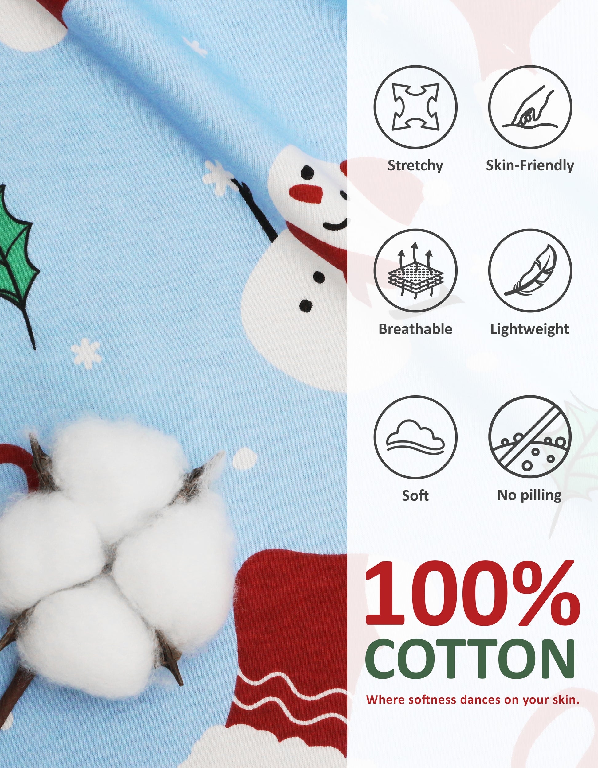 Close-up of light blue knit cotton pajama fabric showing snowman and stocking print with softness and breathability