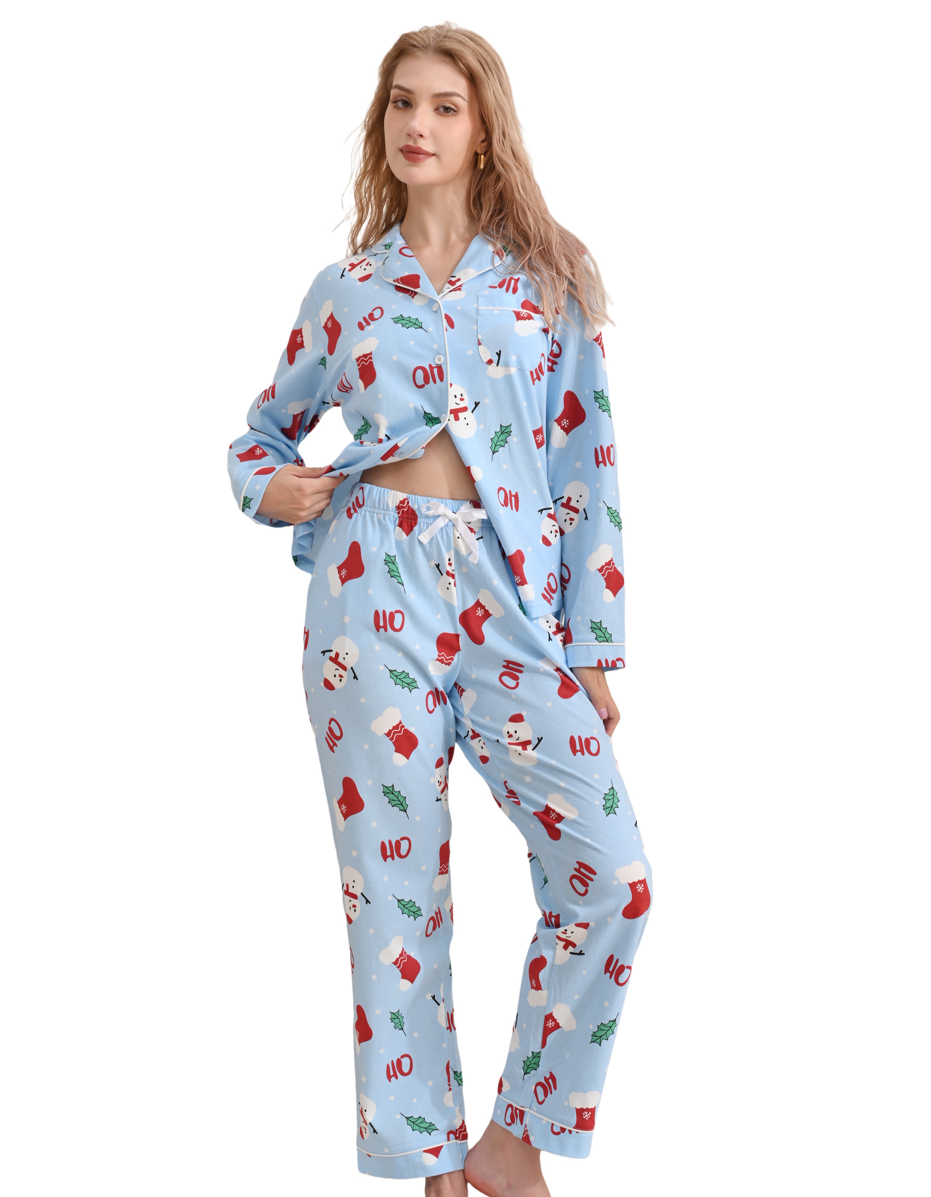 Light blue Christmas women’s knit cotton pajama set with stockings and snowmen print on white background