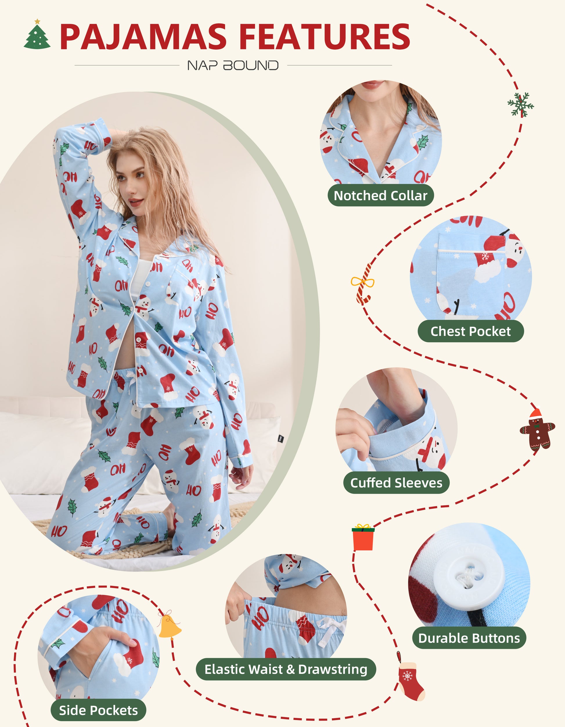 Design details of light blue Christmas pajamas including notched collar, chest pocket, cuffed sleeves, and buttons