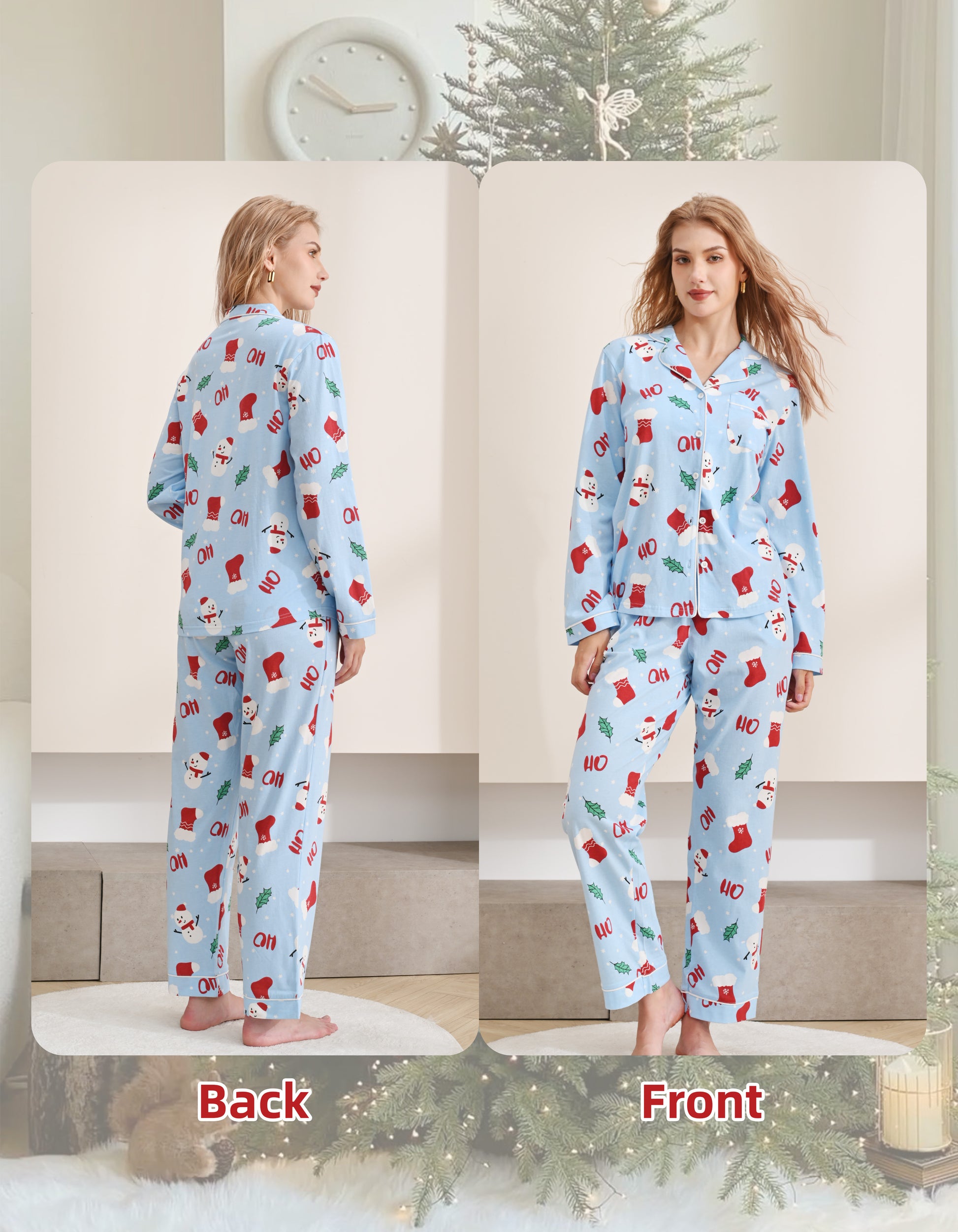 Front and back view comparison of light blue Christmas women’s knit cotton pajama set