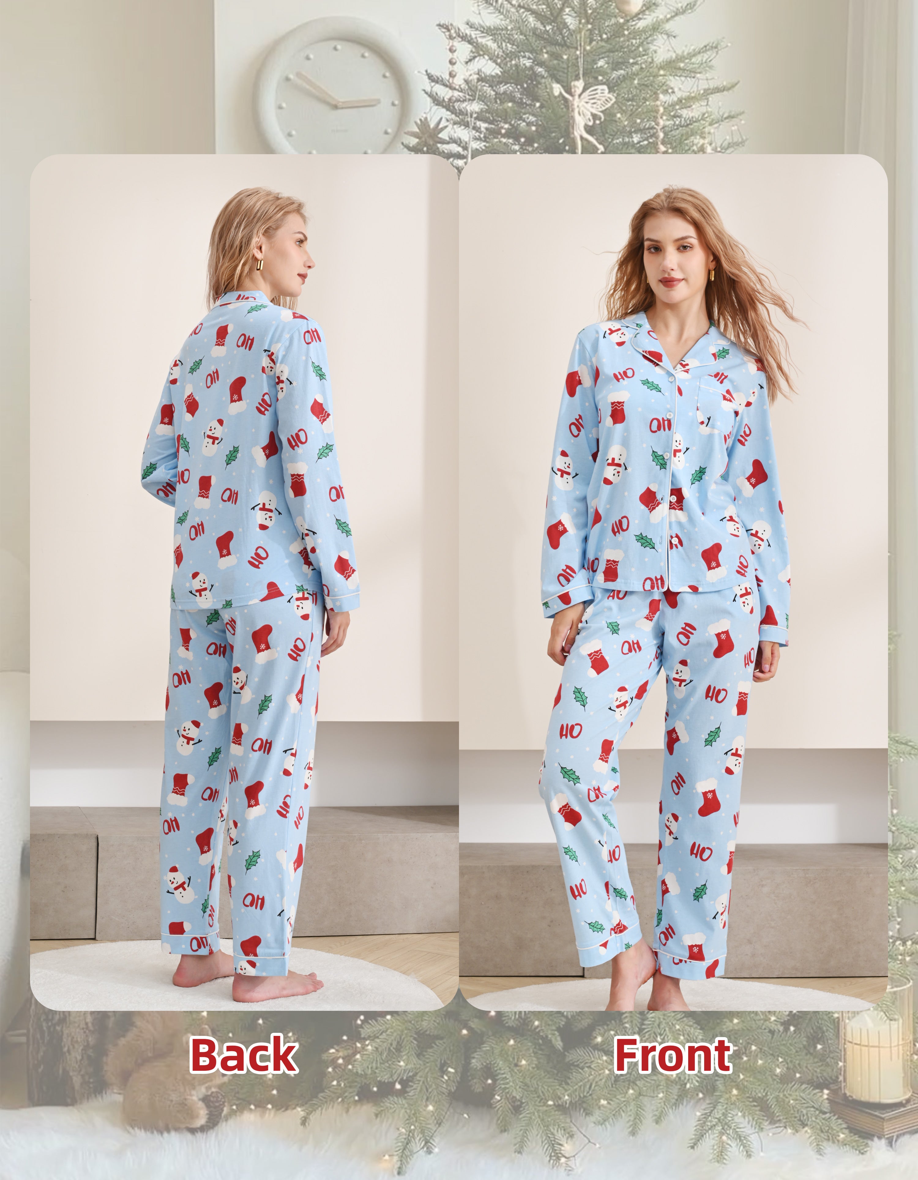 Front and back view comparison of light blue Christmas women’s knit cotton pajama set