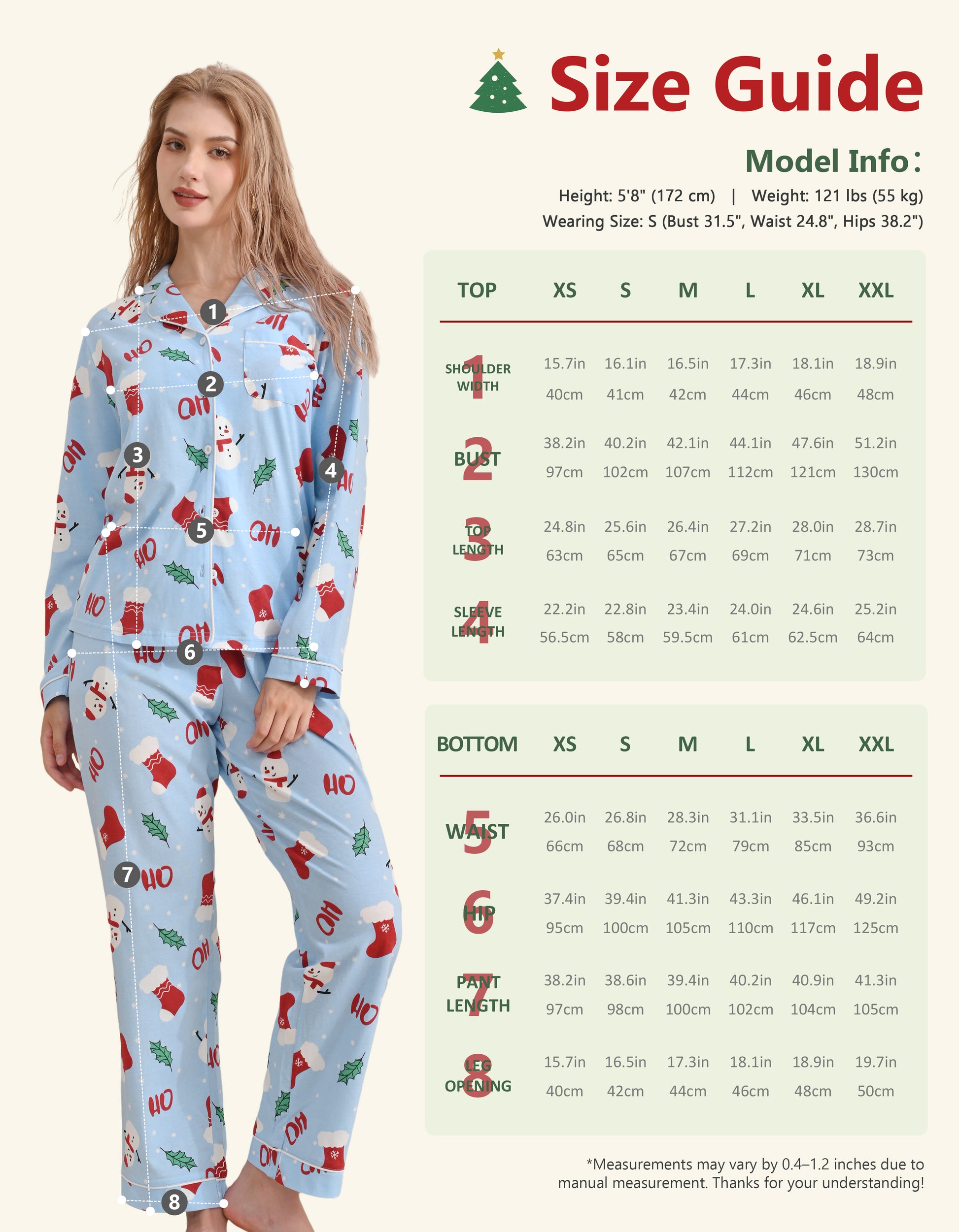 Size chart for women’s light blue Christmas knit cotton pajama set top and pants