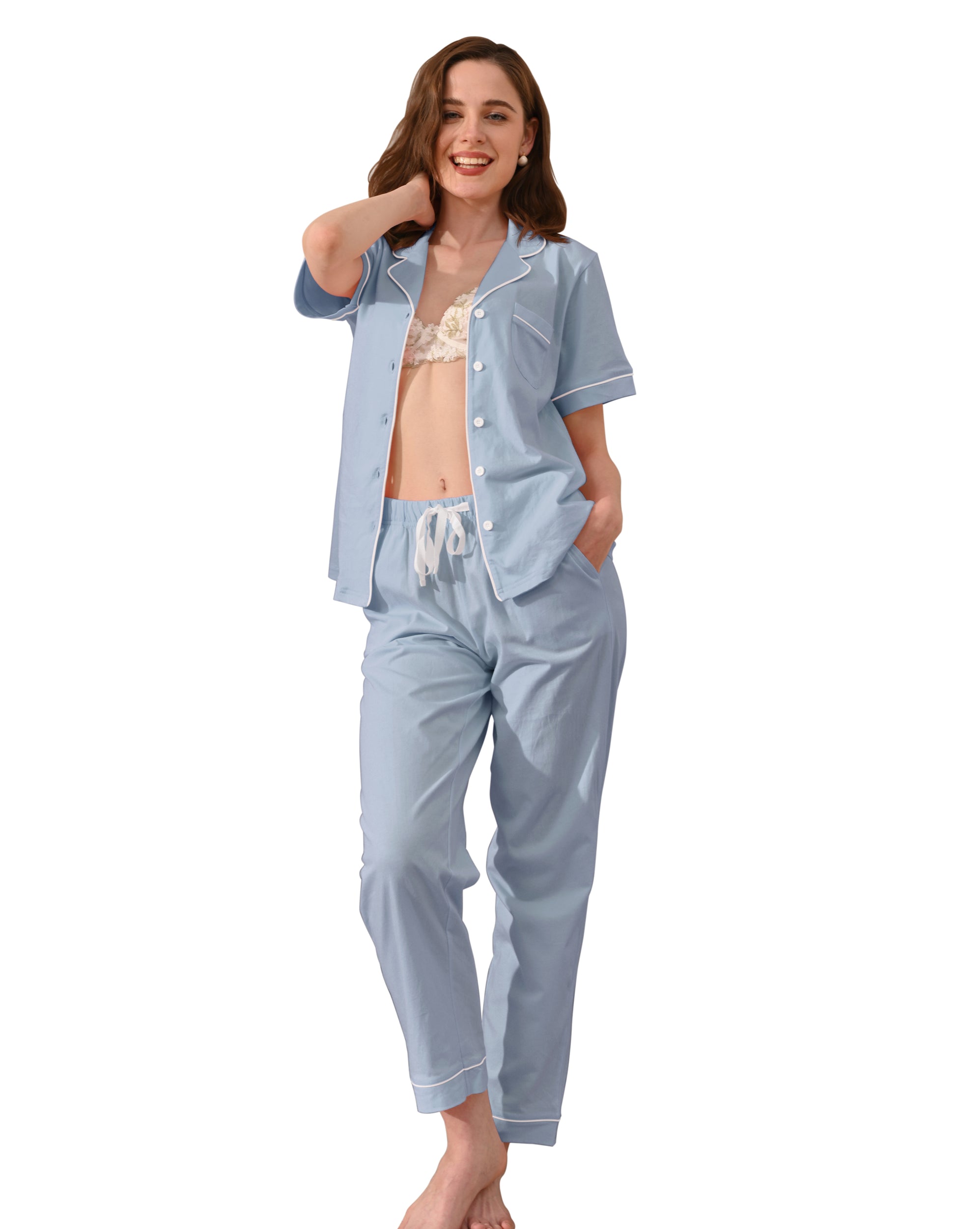 Light blue knit cotton women’s pajama set front view on white background