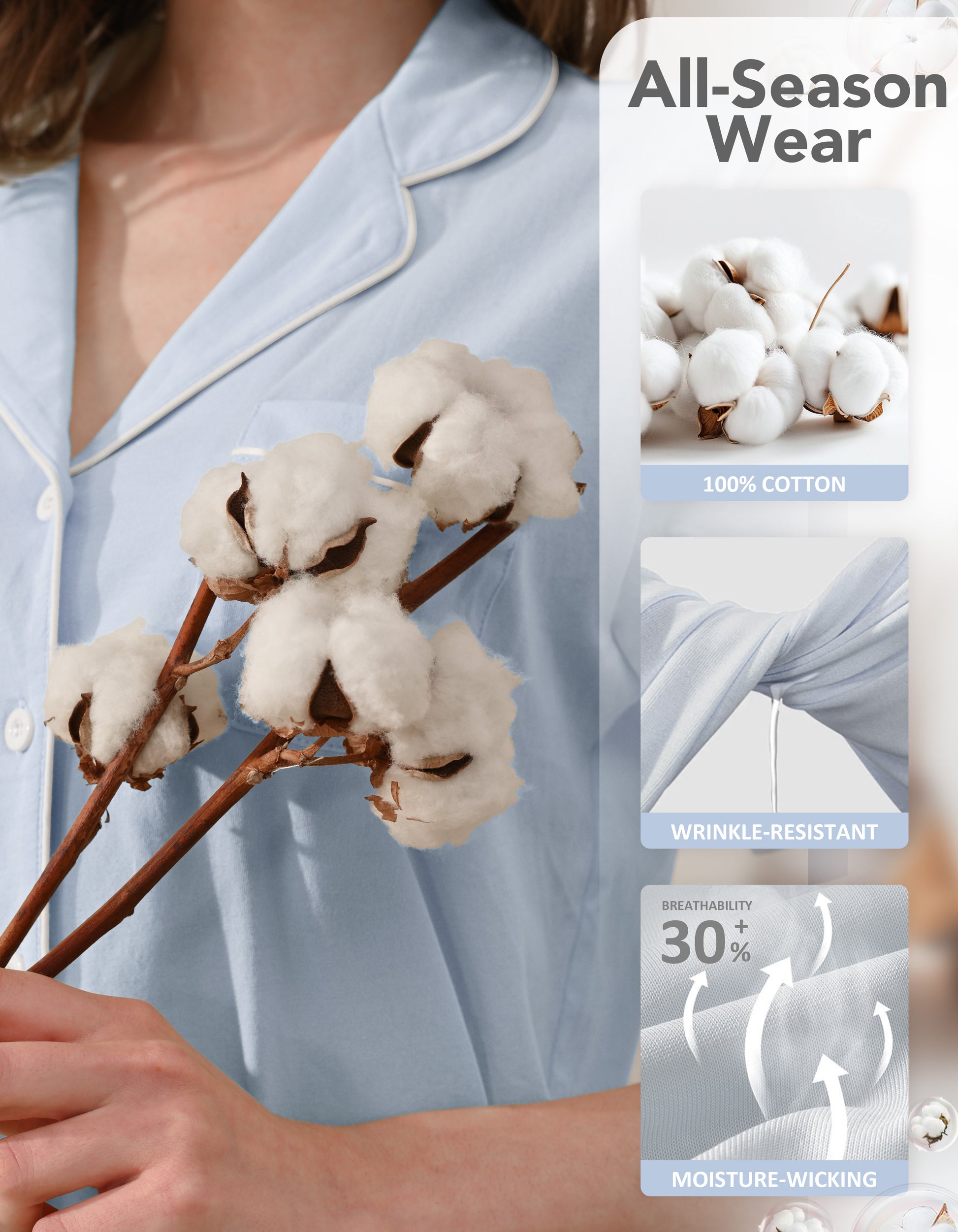 Close-up of light blue knit cotton pajama fabric showing softness and breathability