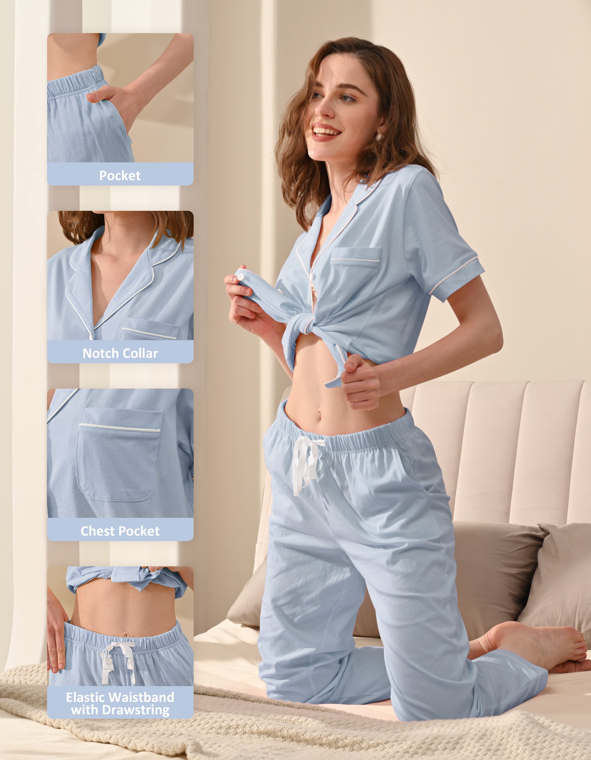 Design details of light blue knit cotton pajamas including notch collar, chest pocket, and drawstring waistband