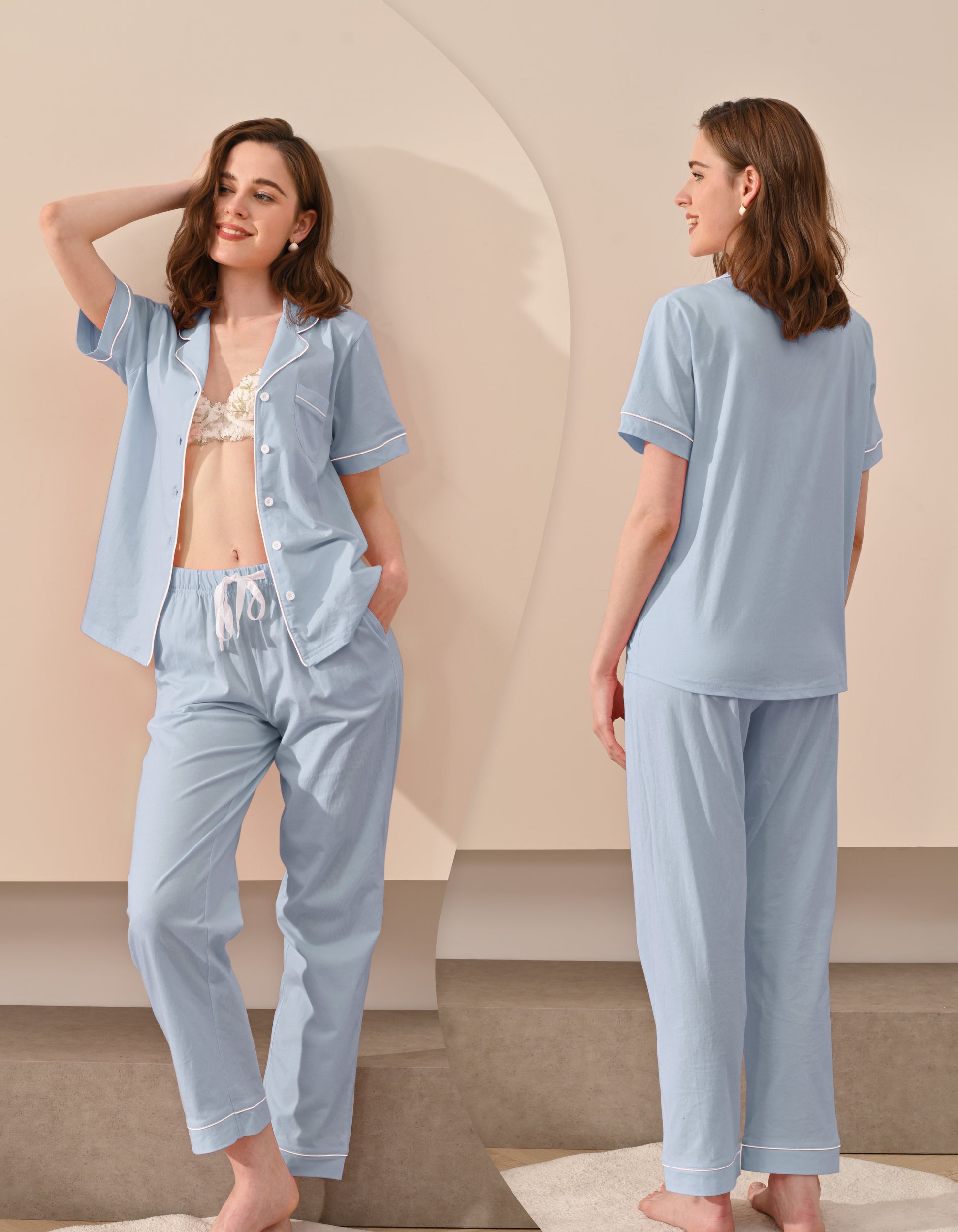 Front and back view comparison of light blue women’s pajama set