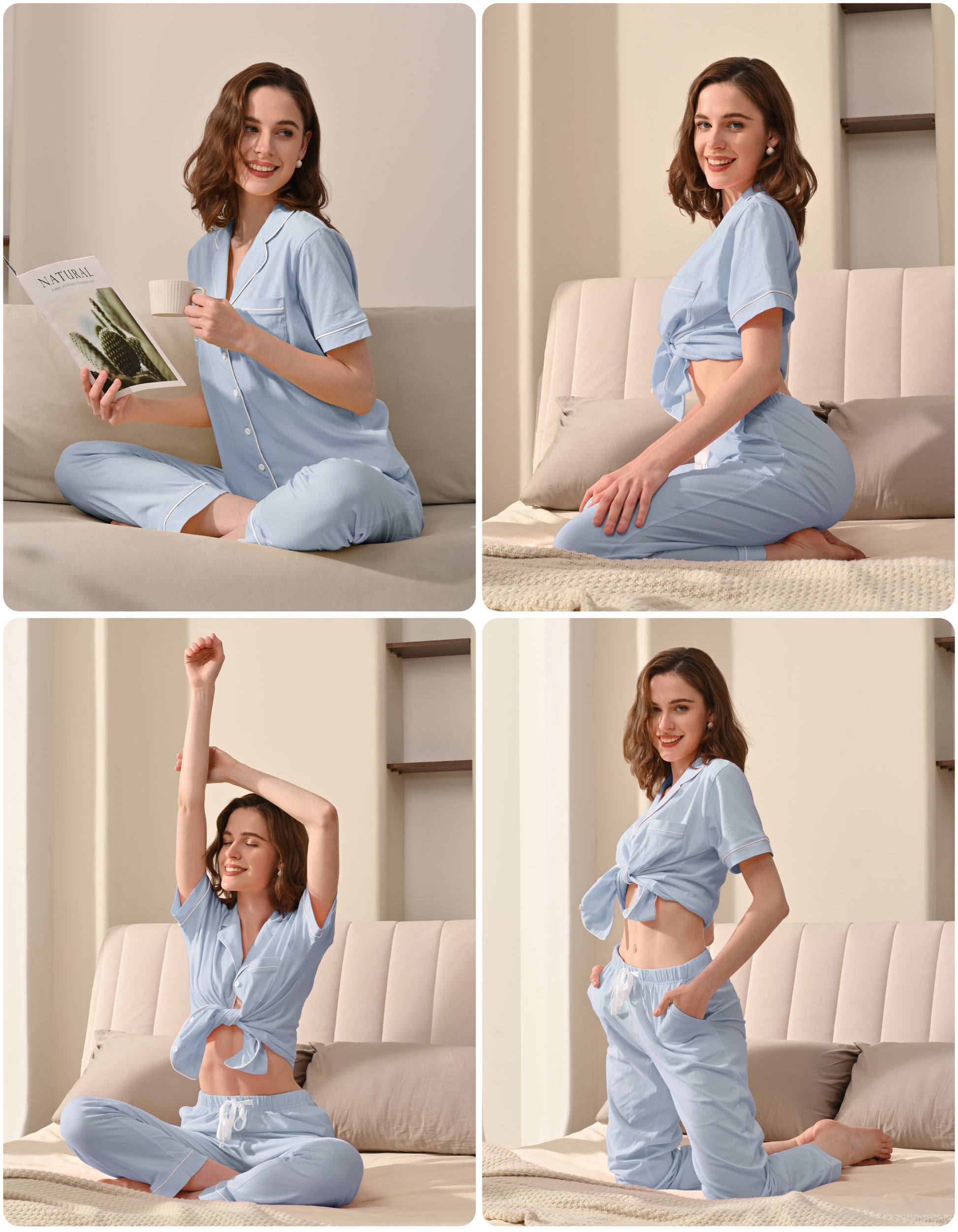 Model wearing light blue knit cotton pajamas in cozy home and bedroom scenes