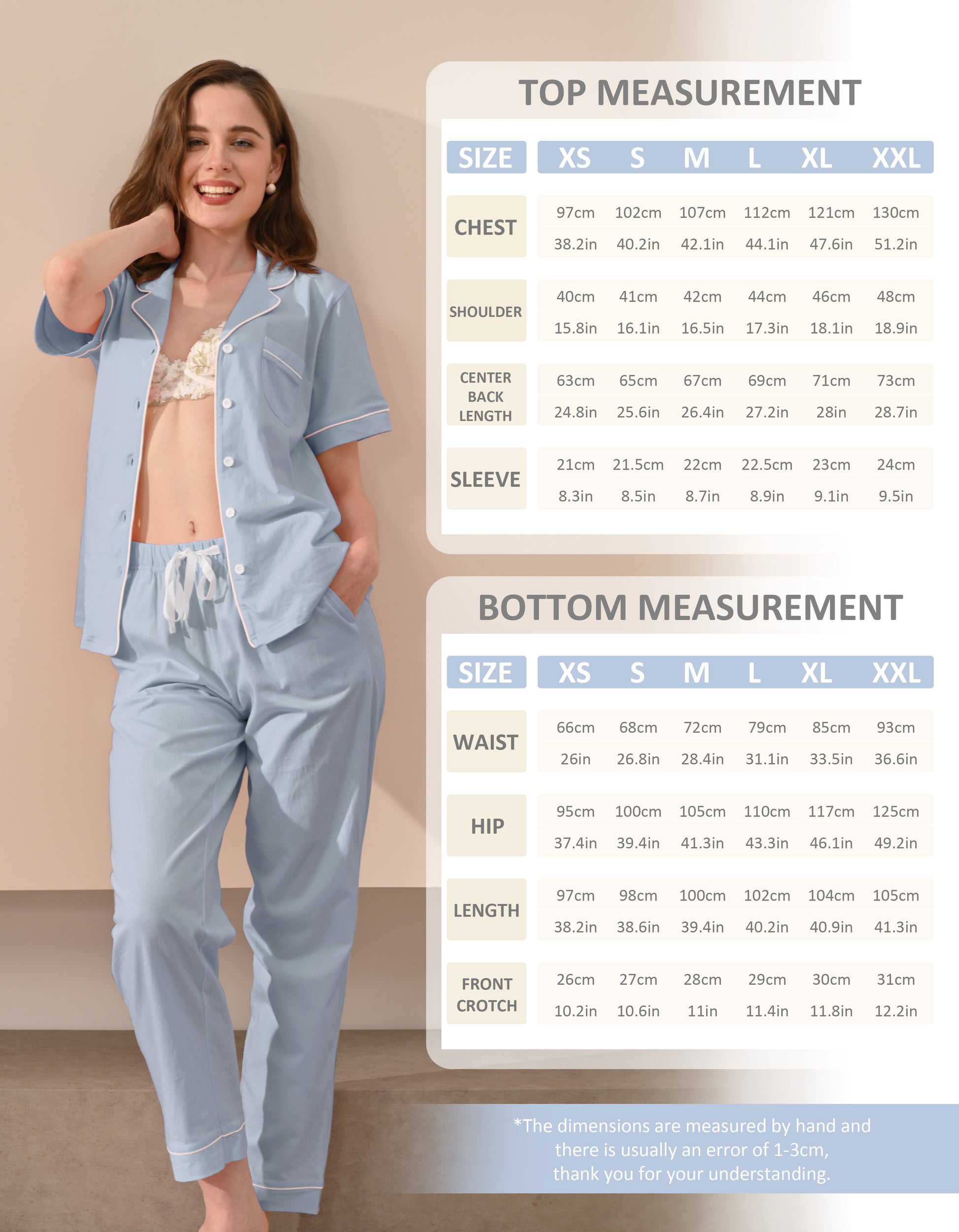 Size chart for women’s light blue knit cotton pajama set top and pants