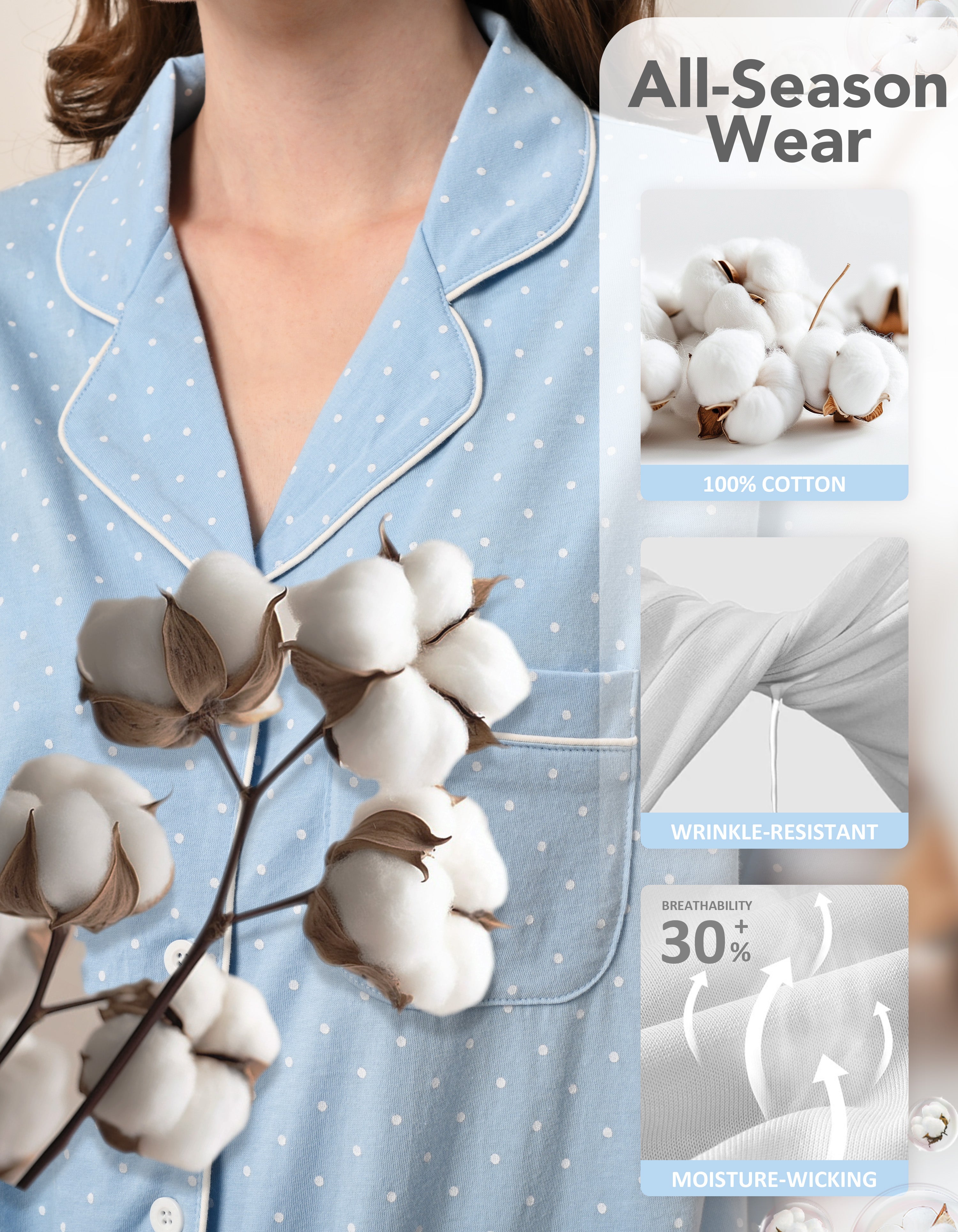 100% cotton breathable fabric light blue polka dot women pajamas