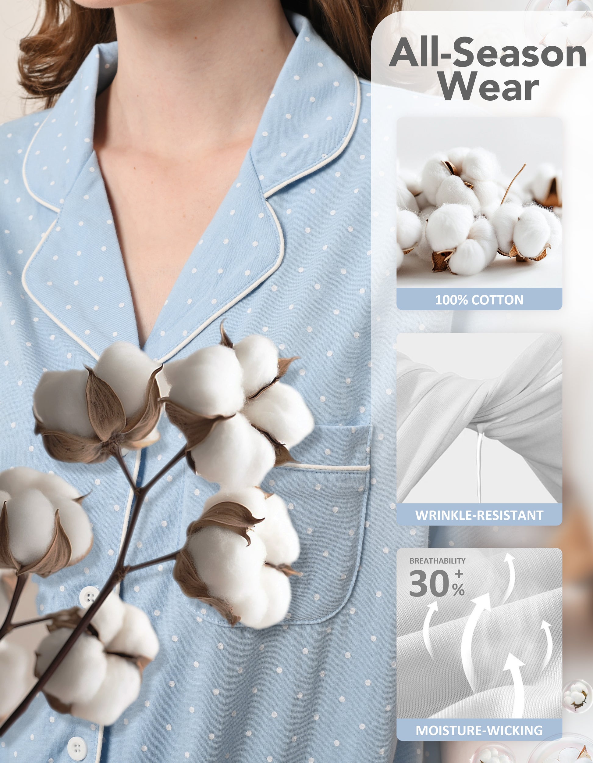 Close-up of light blue polka dot knit cotton pajama fabric showing softness and breathability