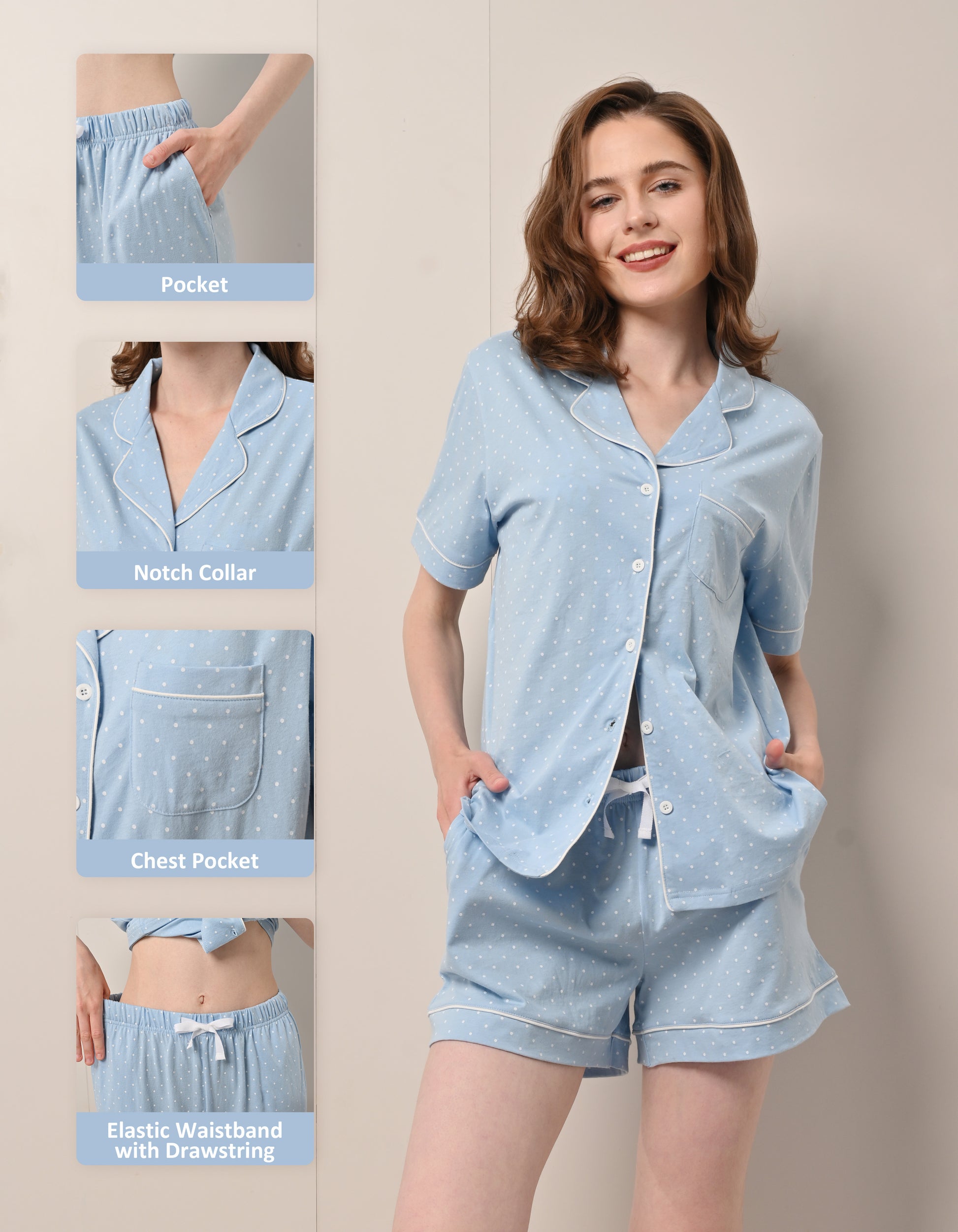 Design details of light blue polka dot print pajamas including notch collar, chest pocket, and drawstring waistband
