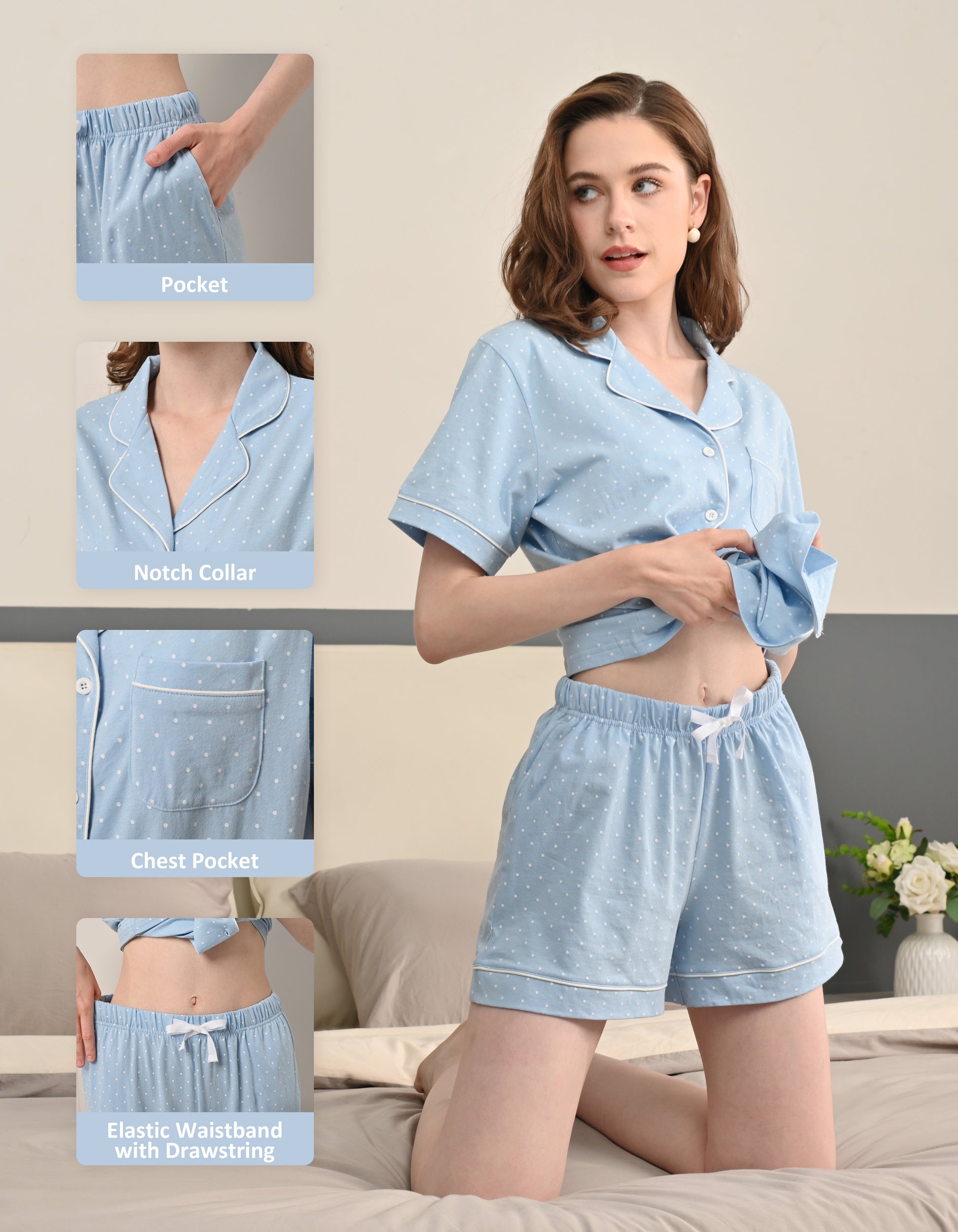 light blue polka dot pajama set details notch collar chest pocket drawstring waistband