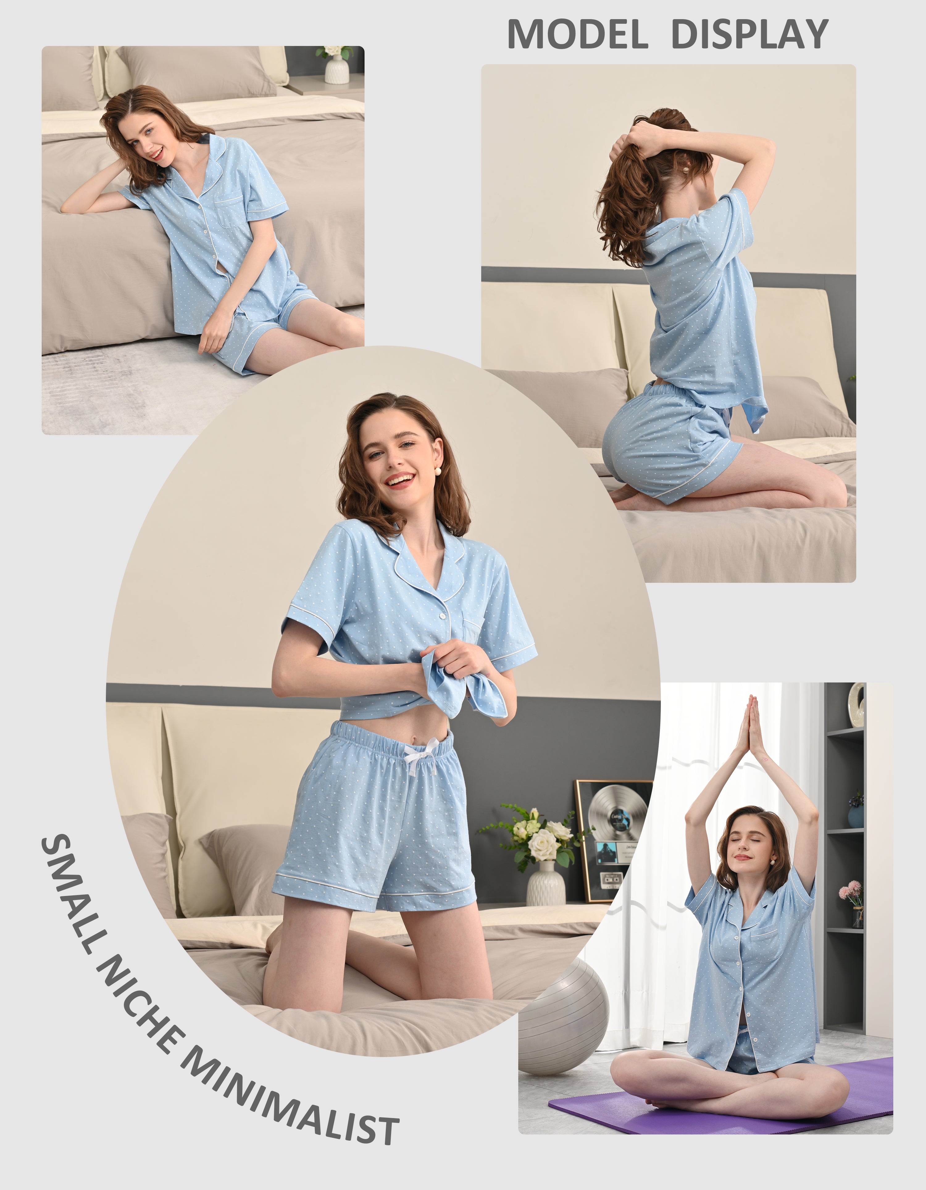 Model wearing light blue polka dot print knit cotton pajamas in cozy home and living room scenes