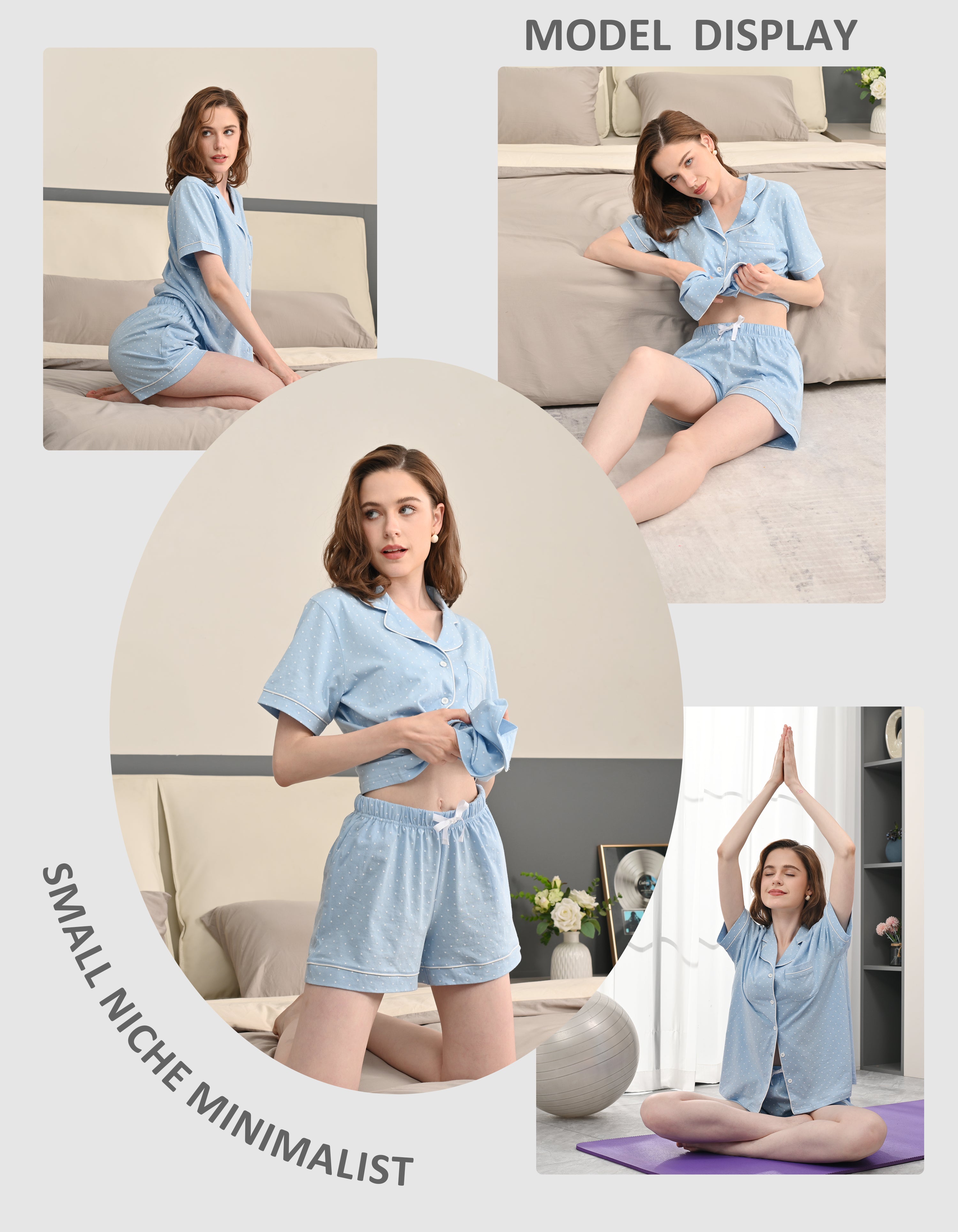 model wearing light blue polka dot woven cotton pajama set lifestyle images