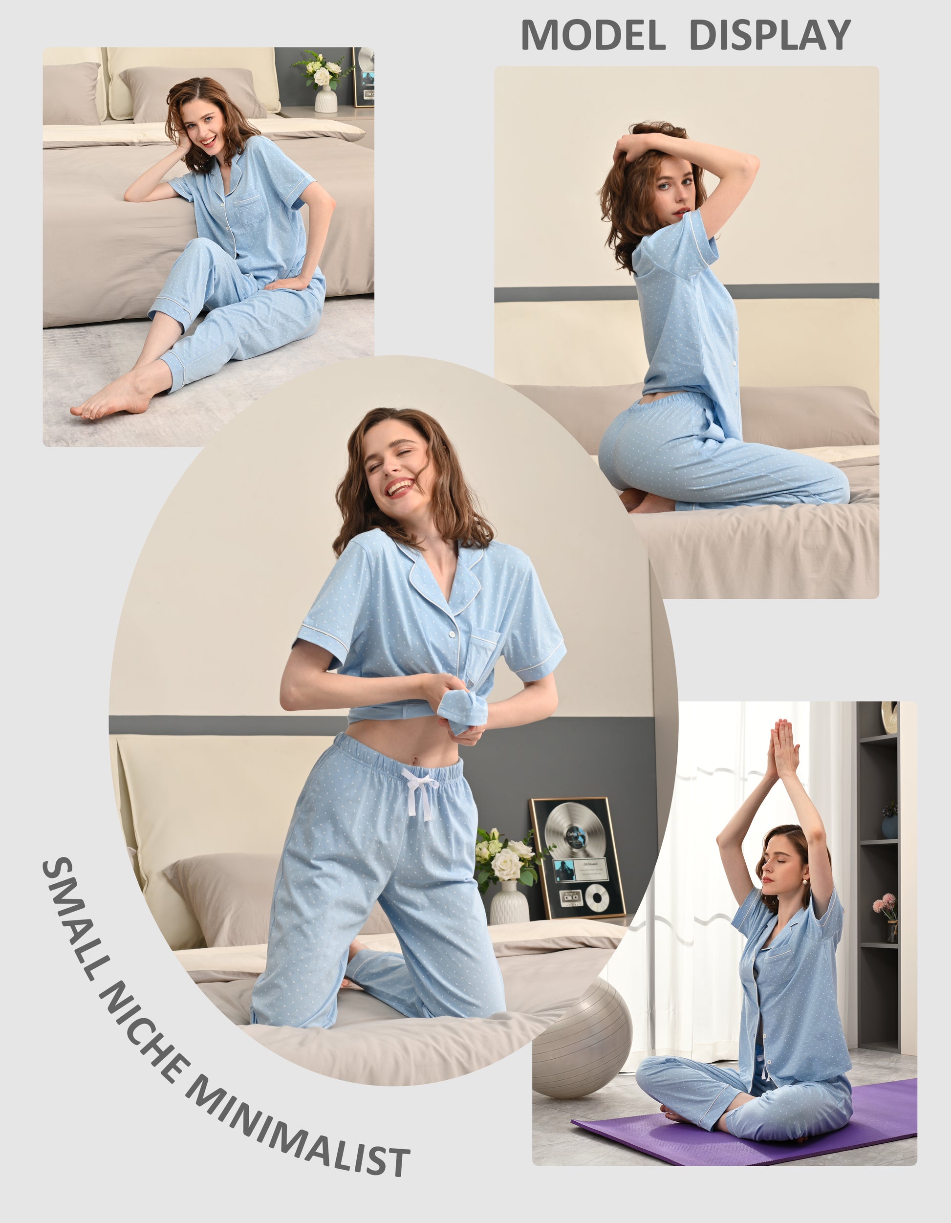 women wearing light blue polka dot cotton pajamas lounging at home