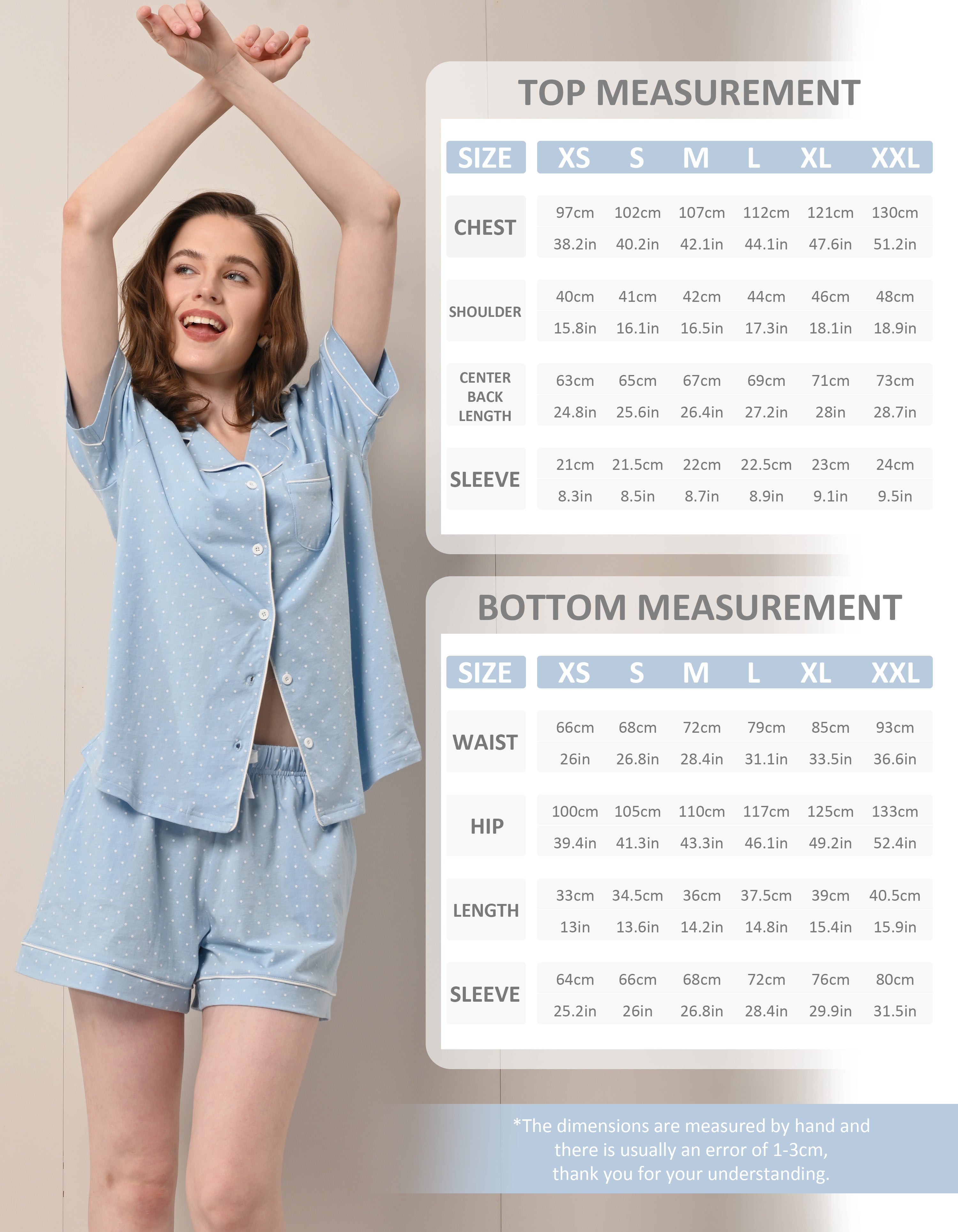 size chart for women light blue polka dot woven cotton pajama set top and shorts