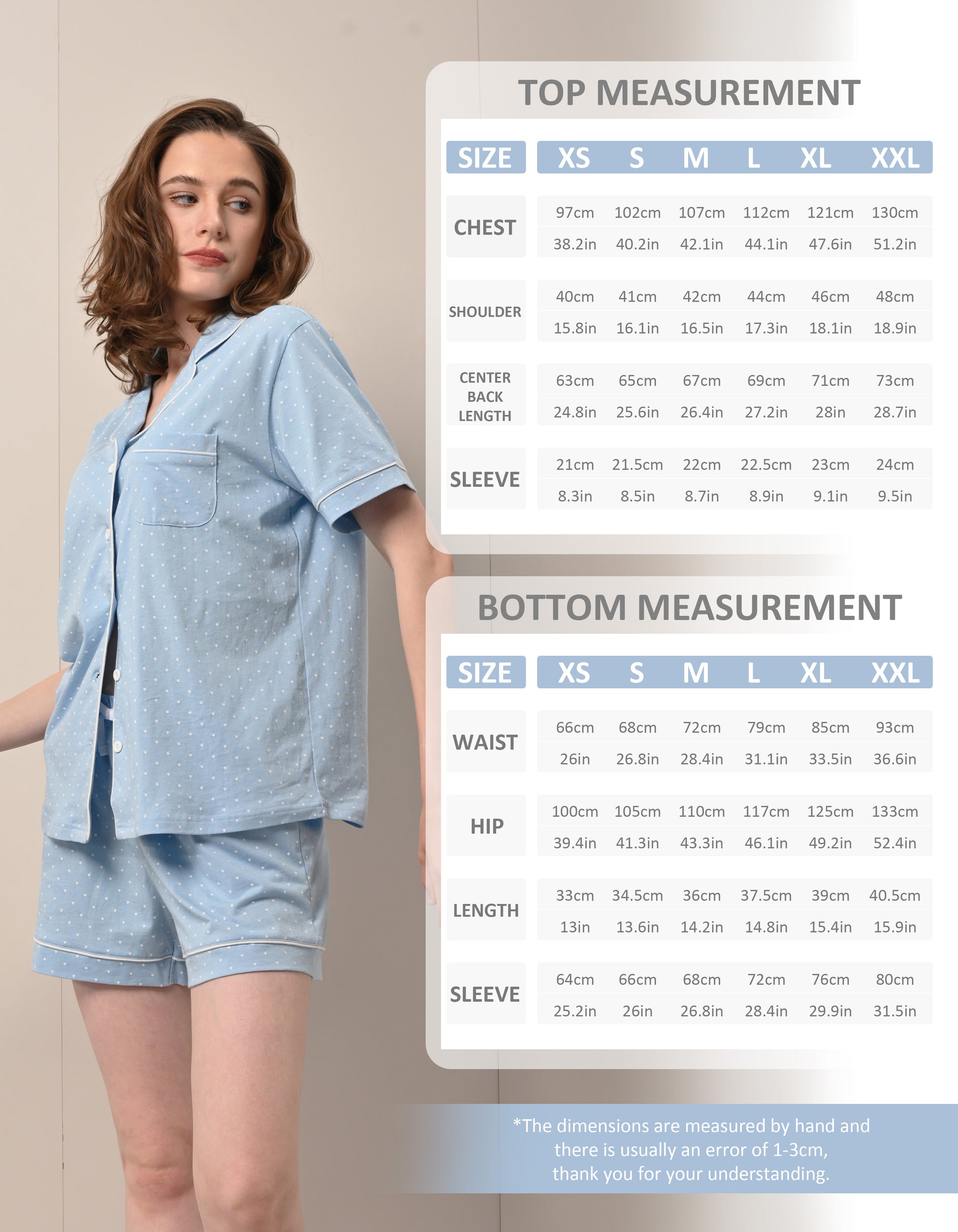 Size chart for women’s light blue polka dot print knit cotton pajama set top and shorts