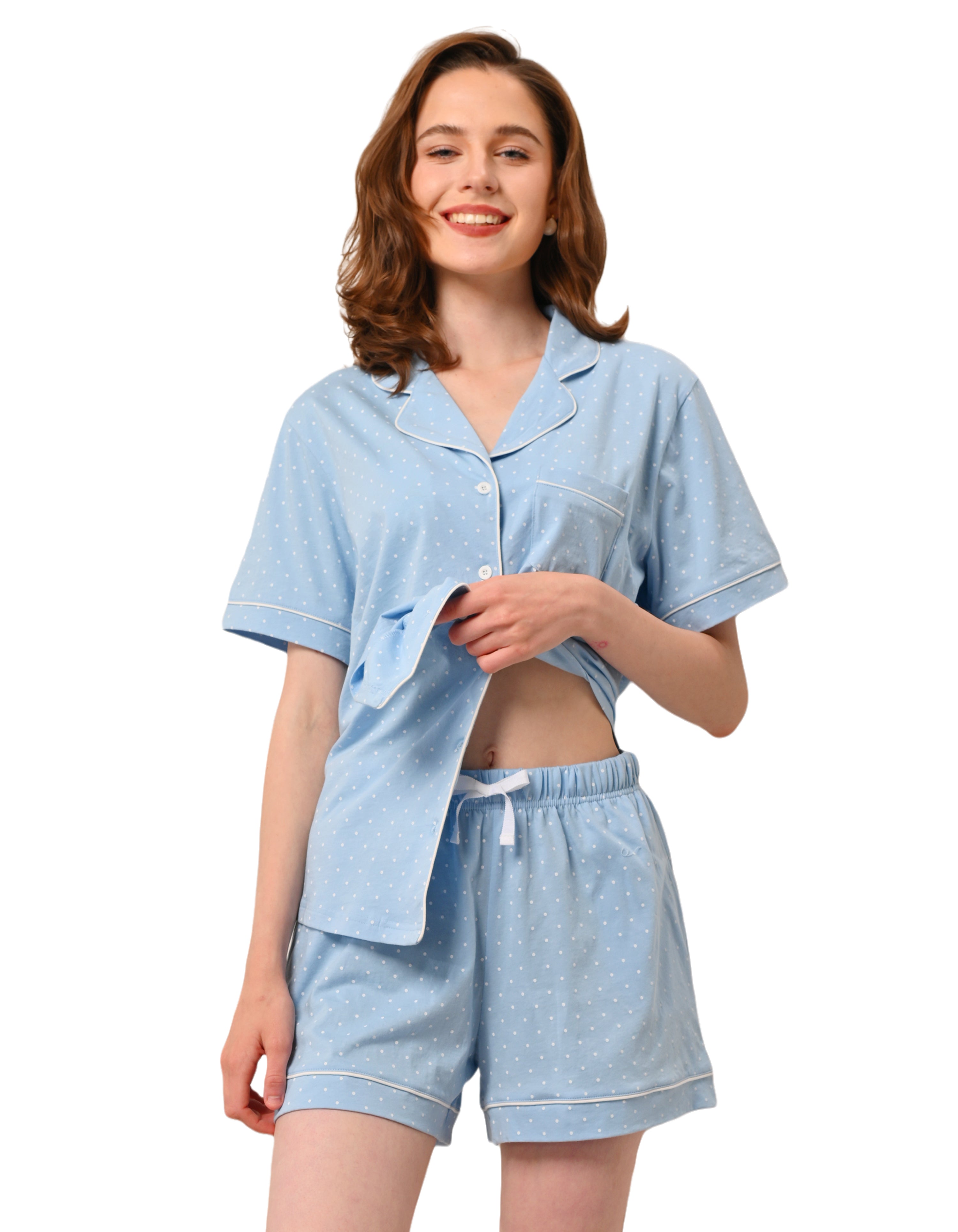 women light blue polka dot woven cotton pajama set front view white background