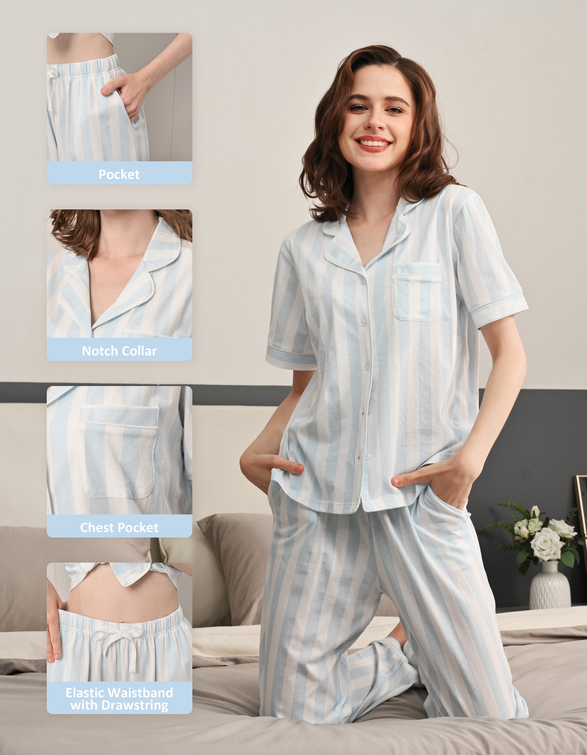 Feature detail collage showing pocket, notch collar, chest pocket, and elastic waistband with drawstring on light blue striped cotton pajamas