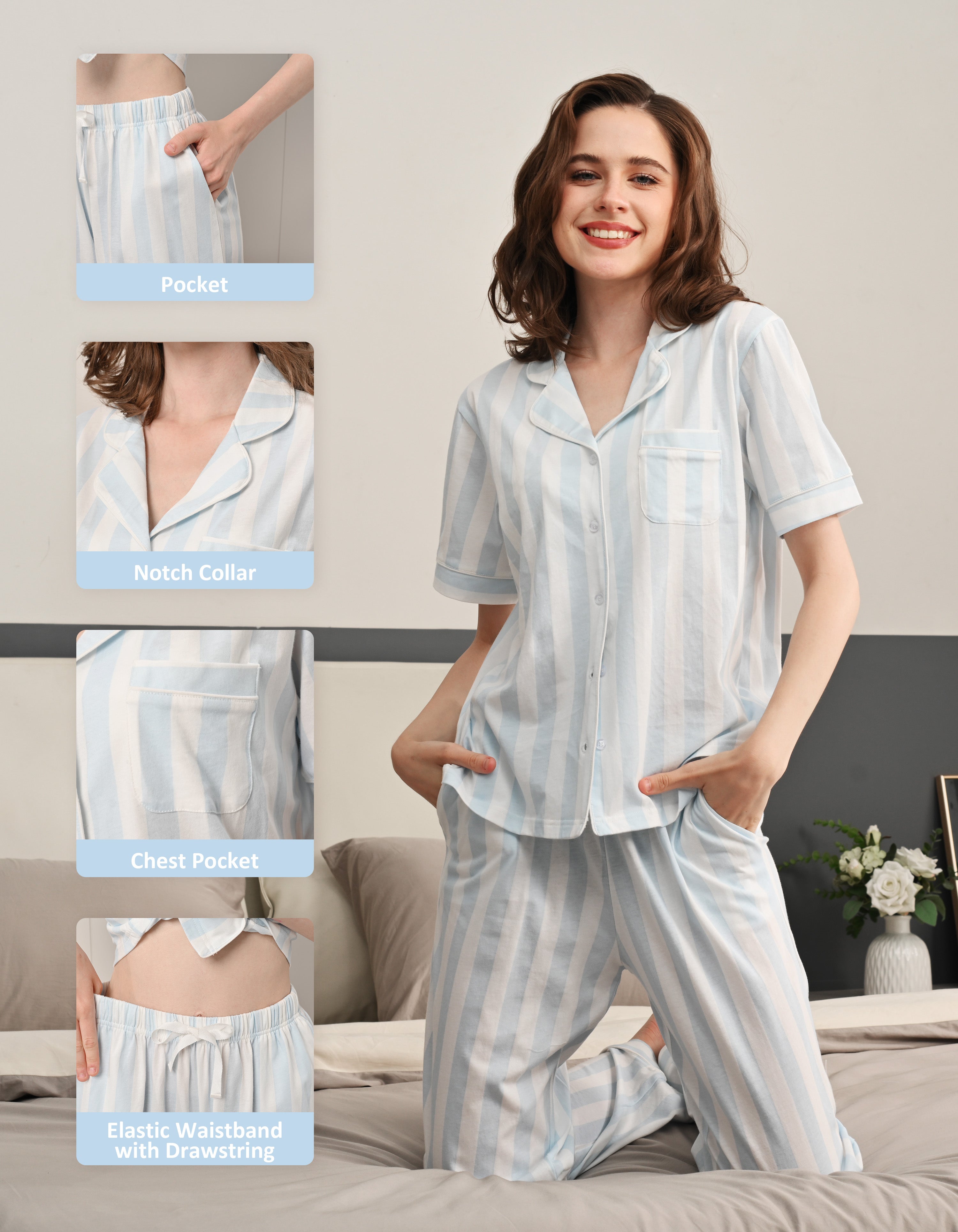 Feature detail collage showing pocket, notch collar, chest pocket, and elastic waistband with drawstring on light blue striped cotton pajamas