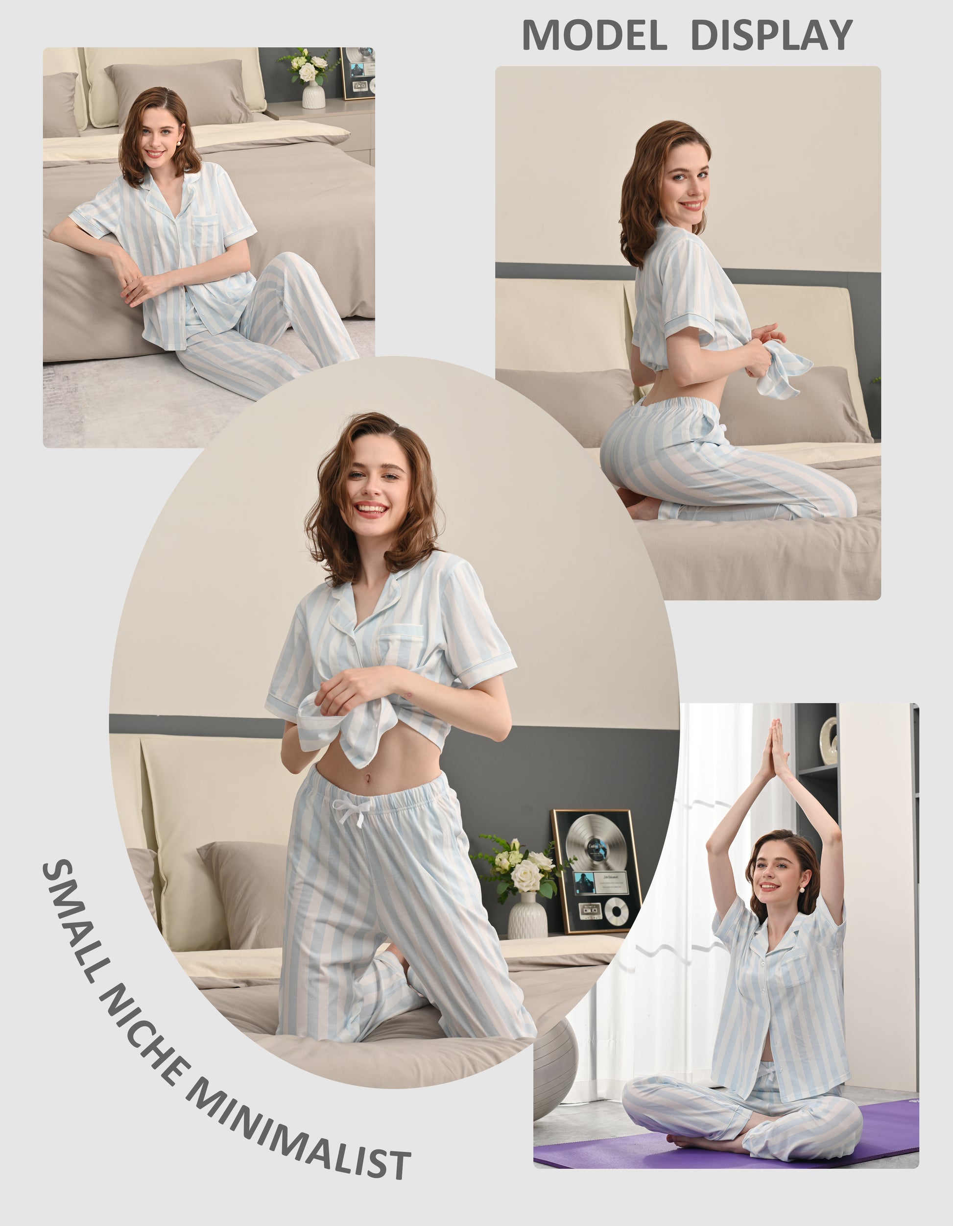 Model display collage of women wearing light blue vertical stripe cotton pajamas in lifestyle scenes