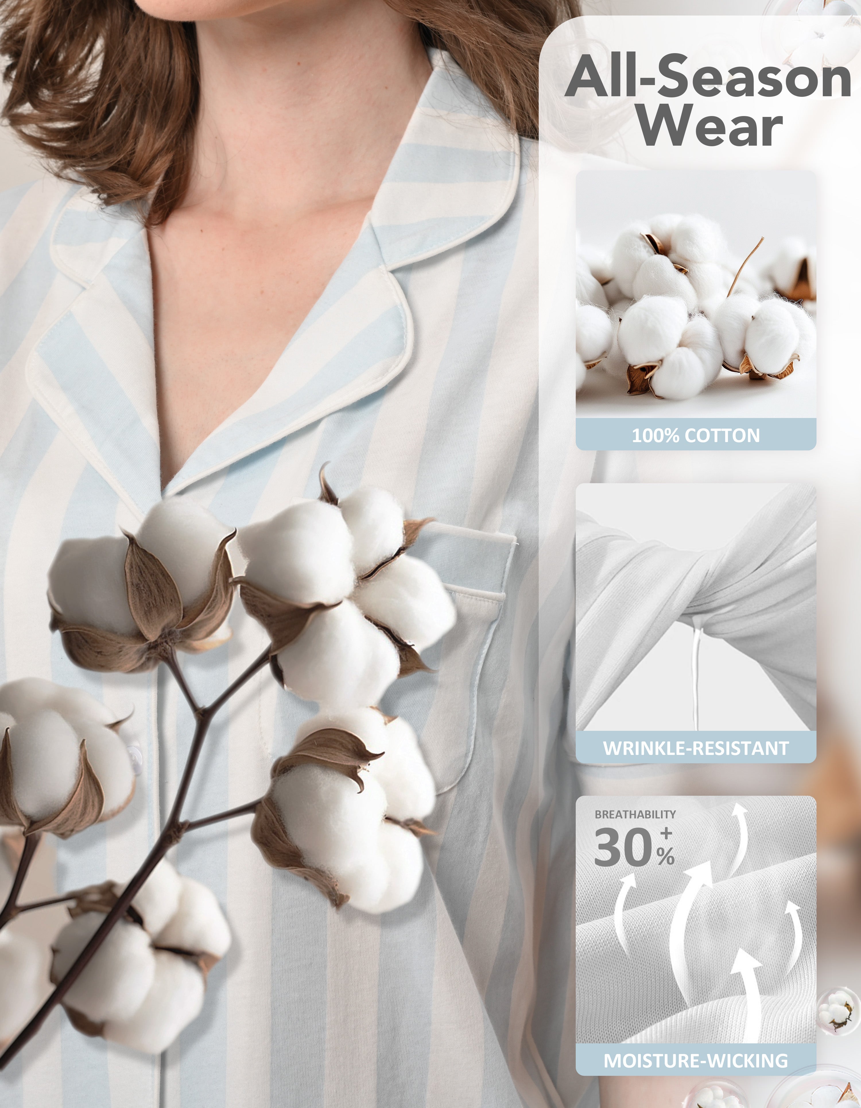 Close-up of light blue vertical stripe knit cotton pajama fabric showing softness and breathability