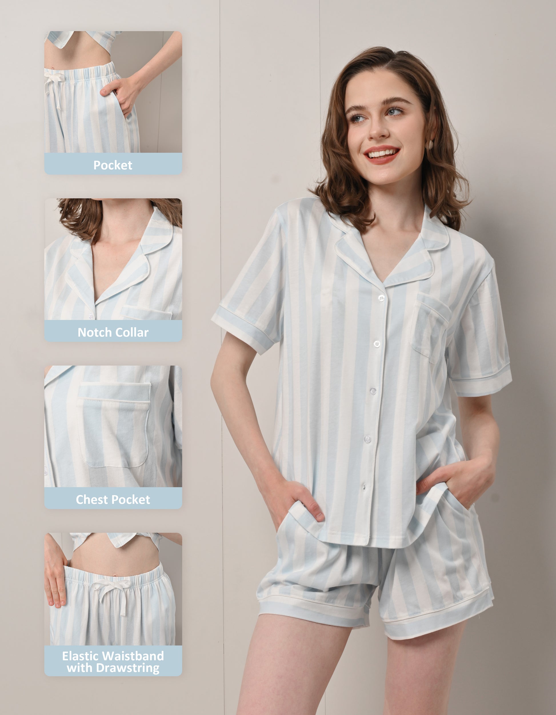 Design details of light blue striped pajamas including notch collar, chest pocket, and drawstring waistband