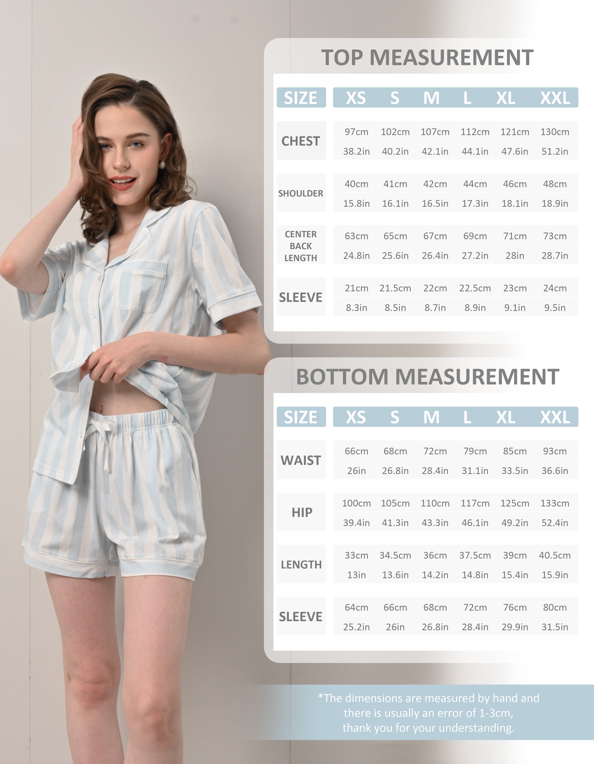 Size chart for women’s light blue vertical stripe knit cotton pajama set top and shorts