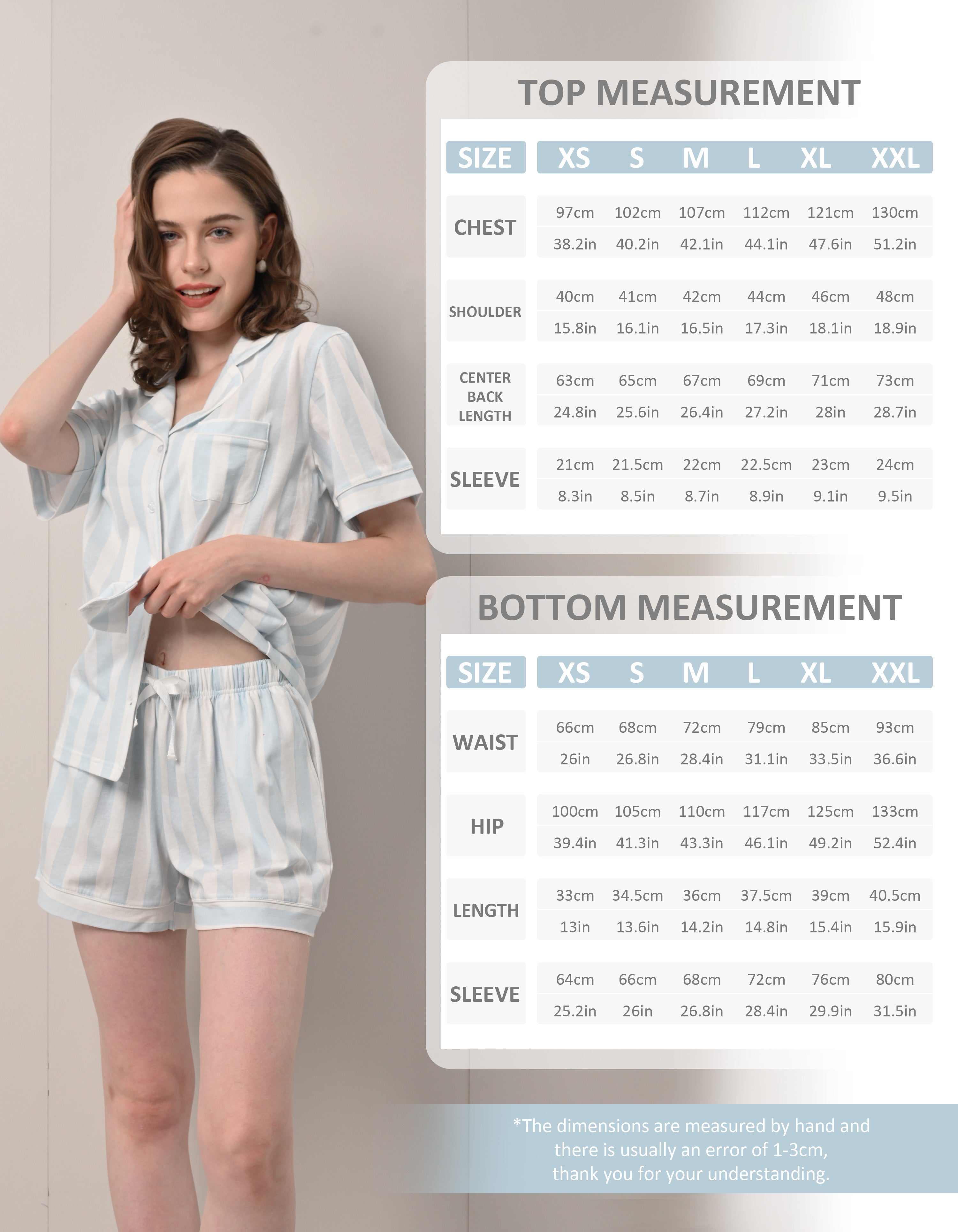 Size chart for women’s light blue vertical stripe knit cotton pajama set top and shorts